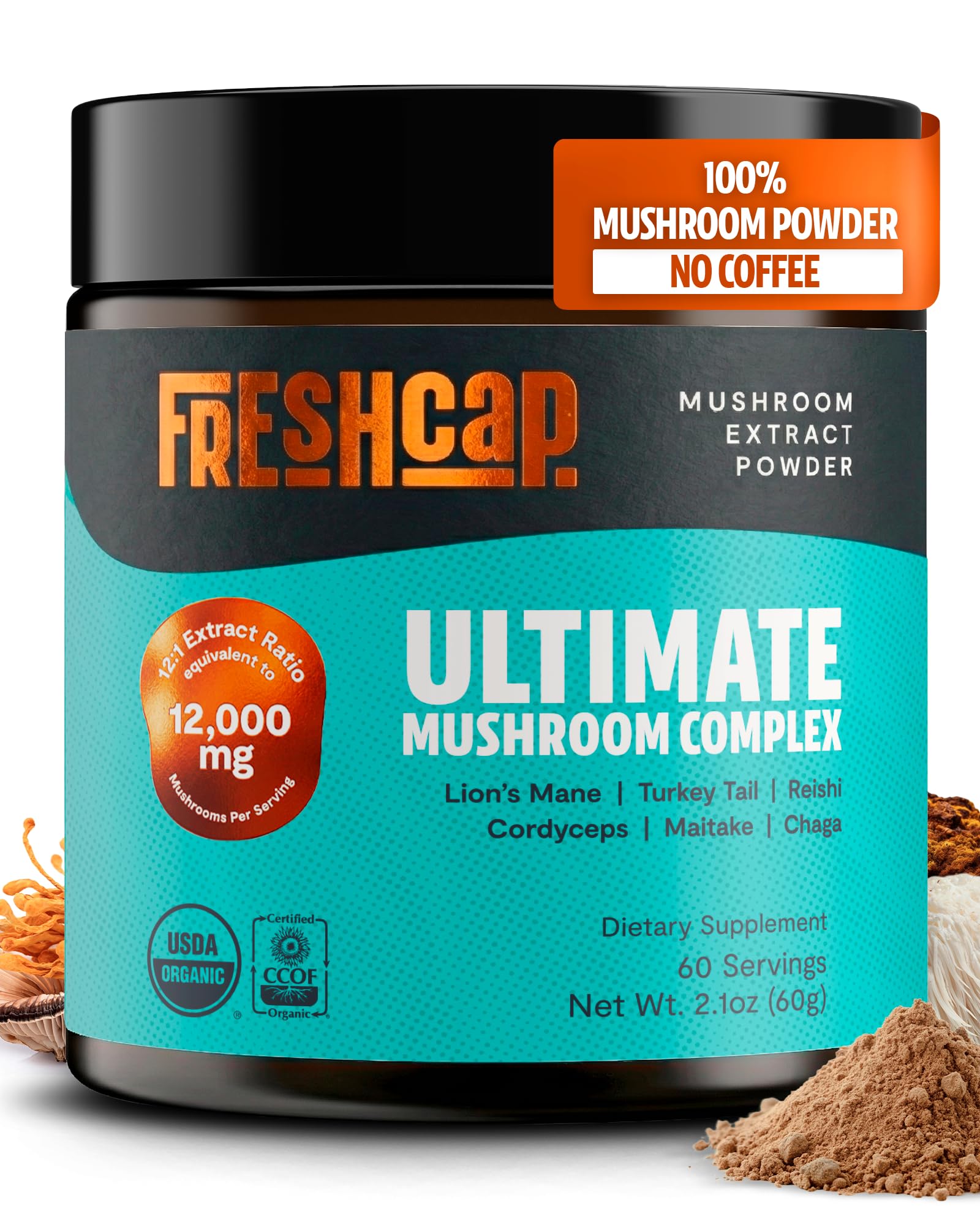 FreshCap frasco delante mostrando la etiqueta y ventaja de ingredientes orgánicos