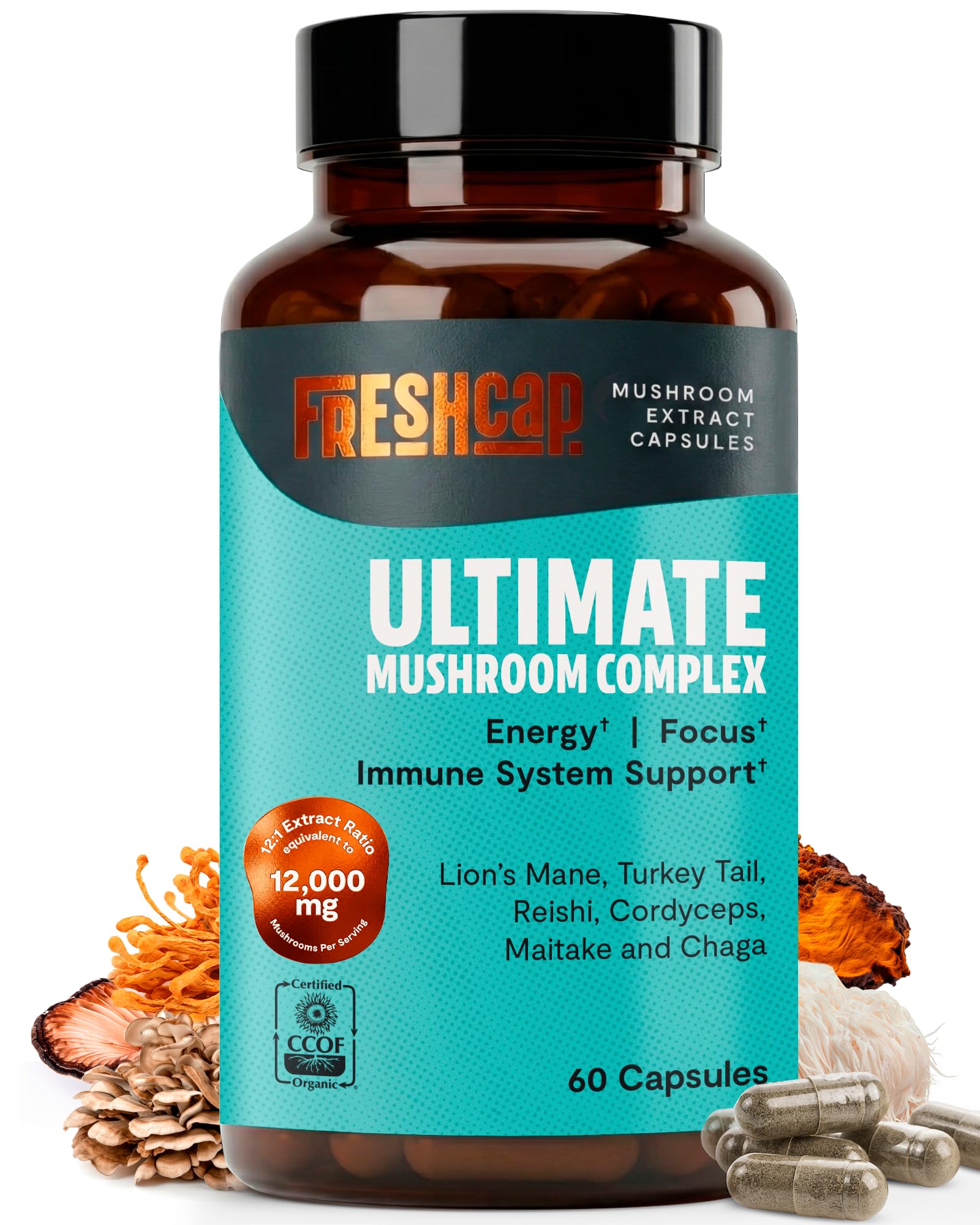 FreshCap Mushrooms frasco frontal mostrando la marca y beneficio de potencia