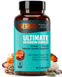 FreshCap Mushrooms frasco frontal mostrando la marca y beneficio de potencia