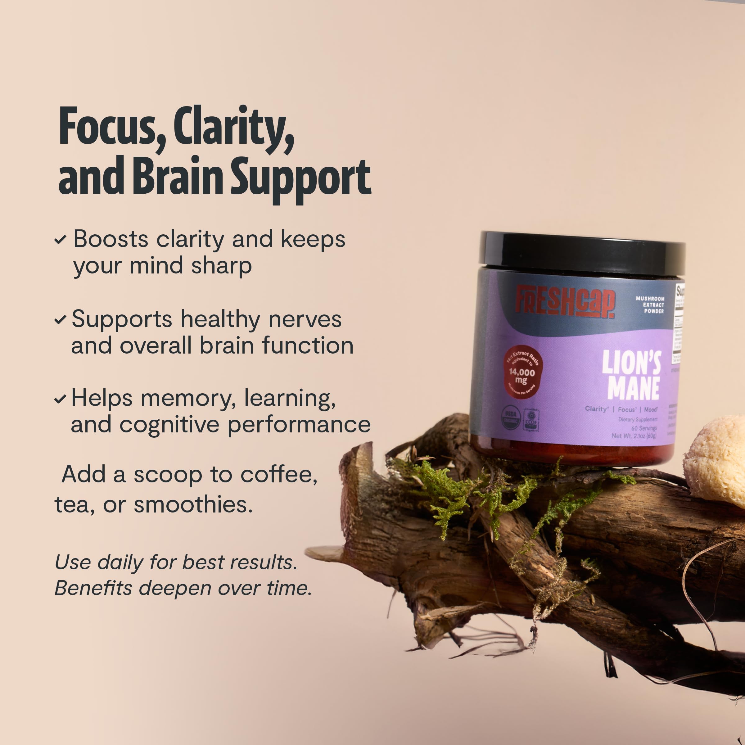 FreshCap Mushrooms etiqueta con ingredientes orgánicos y certificación visible para confianza