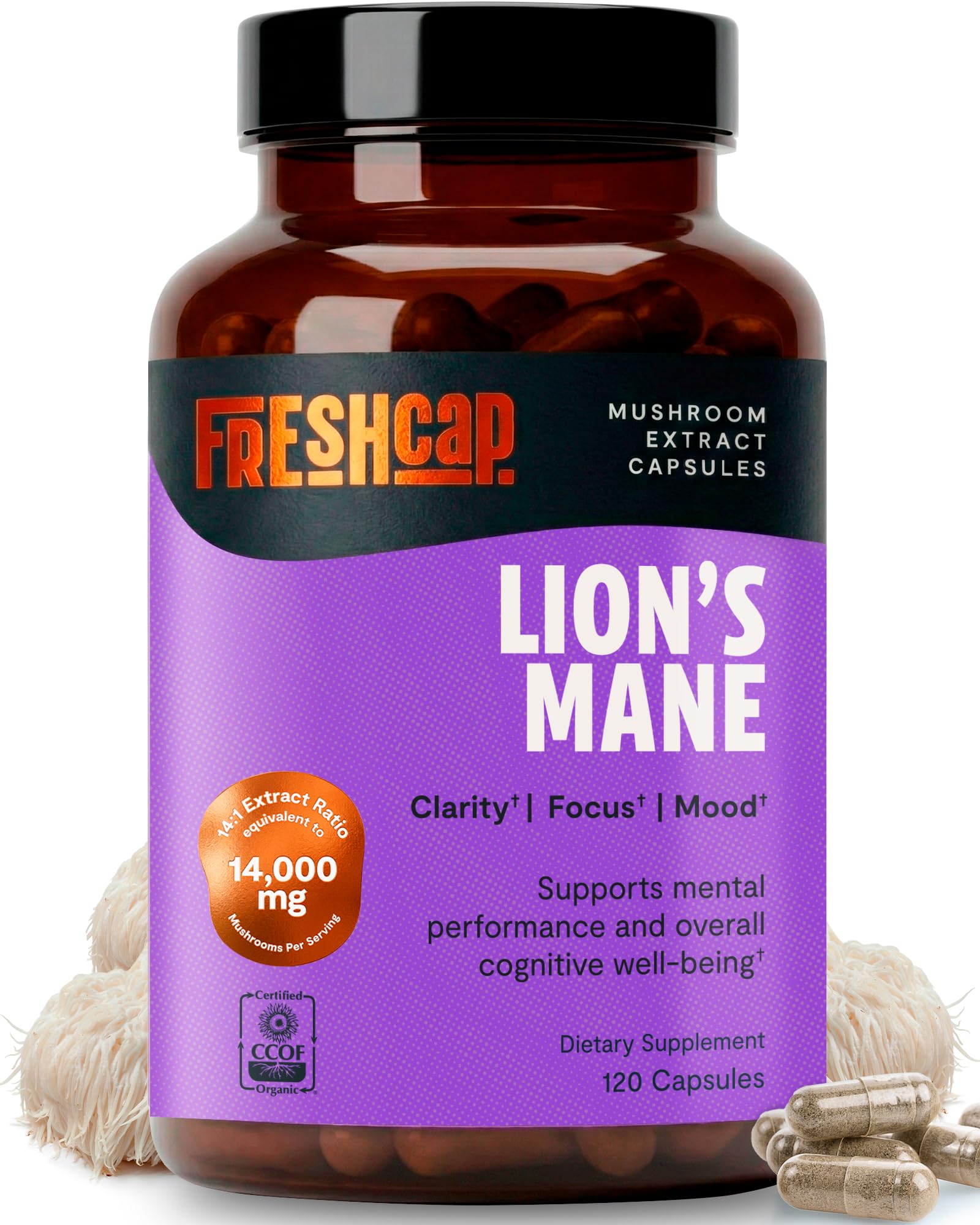 FreshCap Mushrooms frasco delante mostrando diseño y beneficios del producto