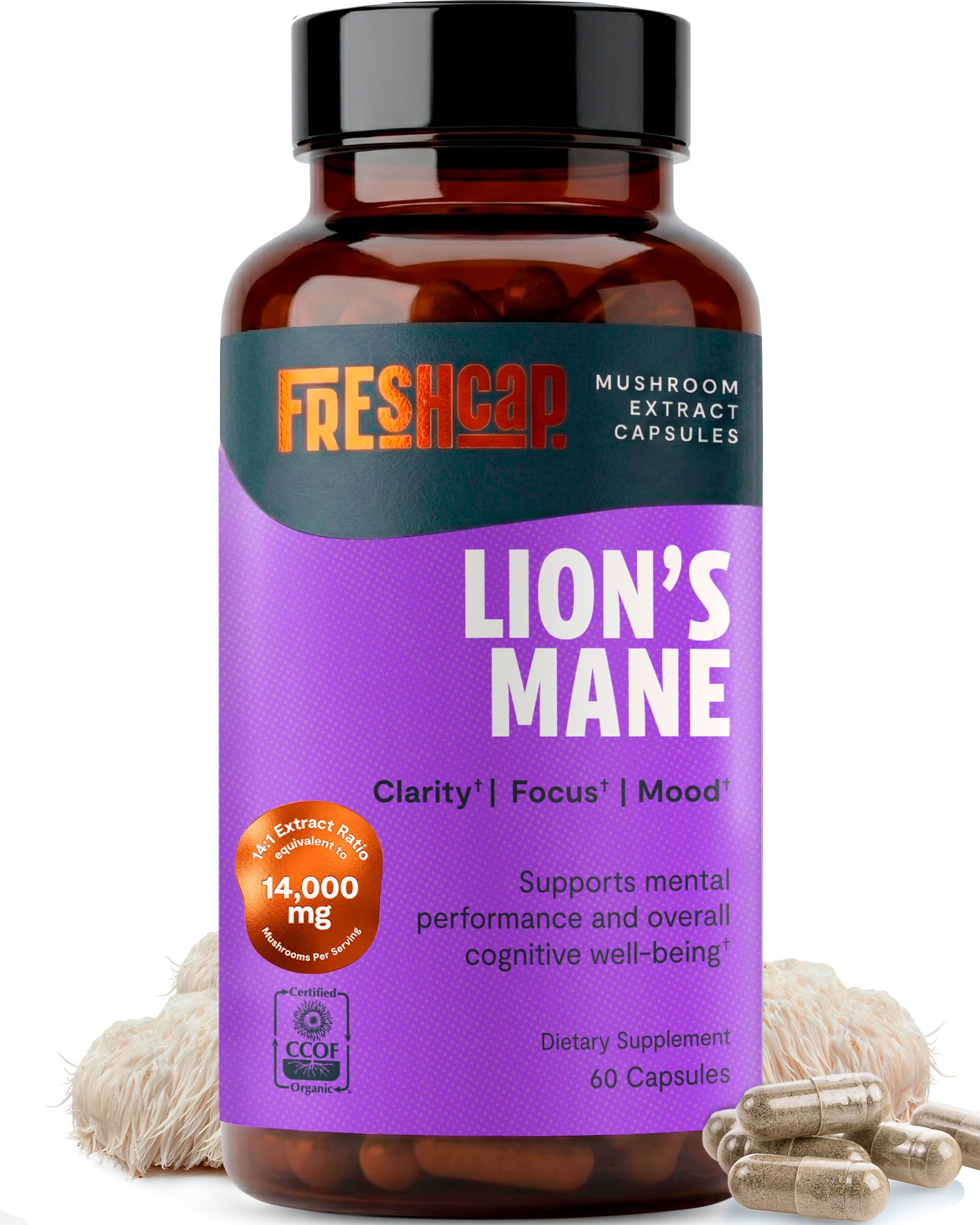 FreshCap Lions Mane frasco delantero mostrando diseño y cantidad, transmite confianza