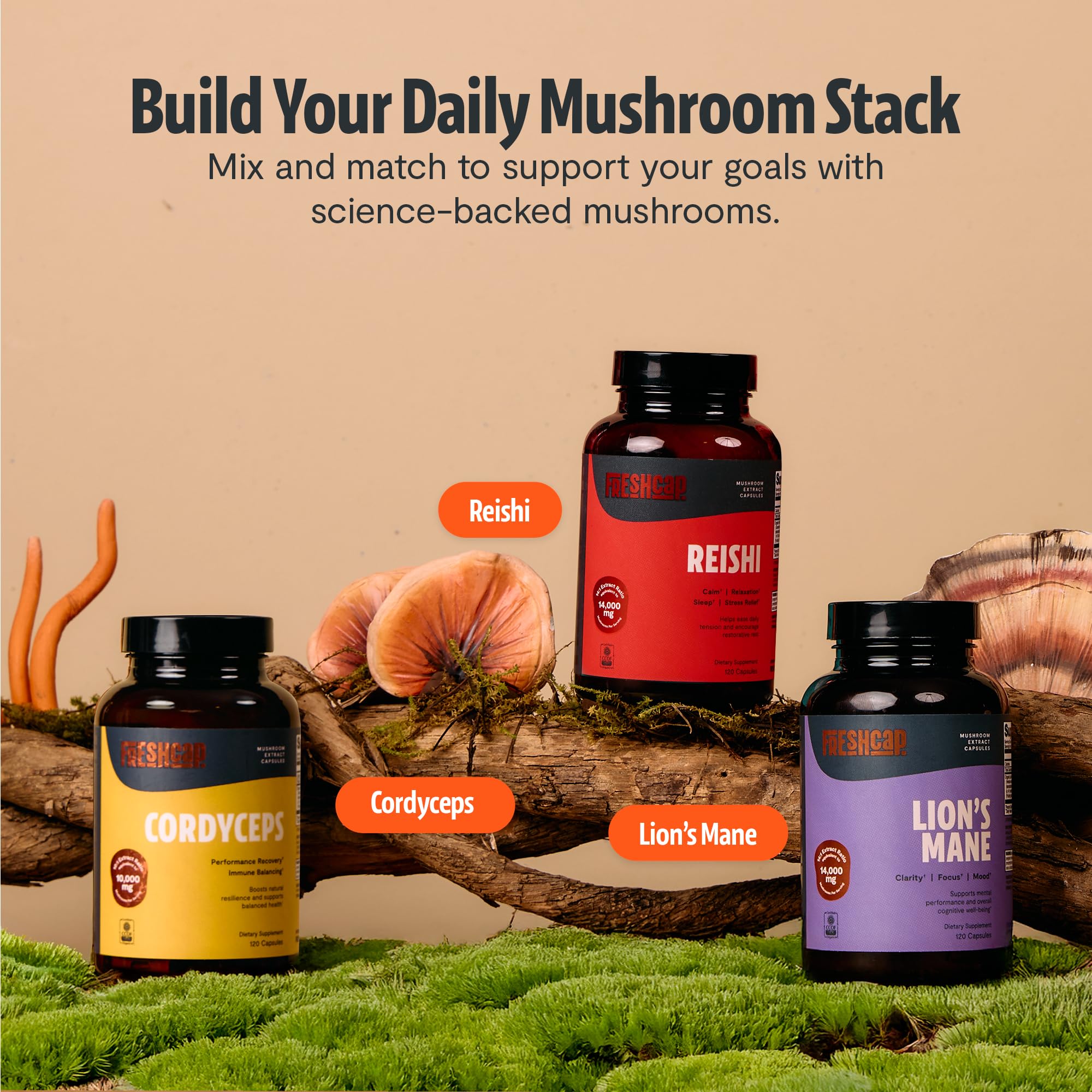 FreshCap Mushrooms ambientación natural que sugiere origen orgánico y sostenibilidad