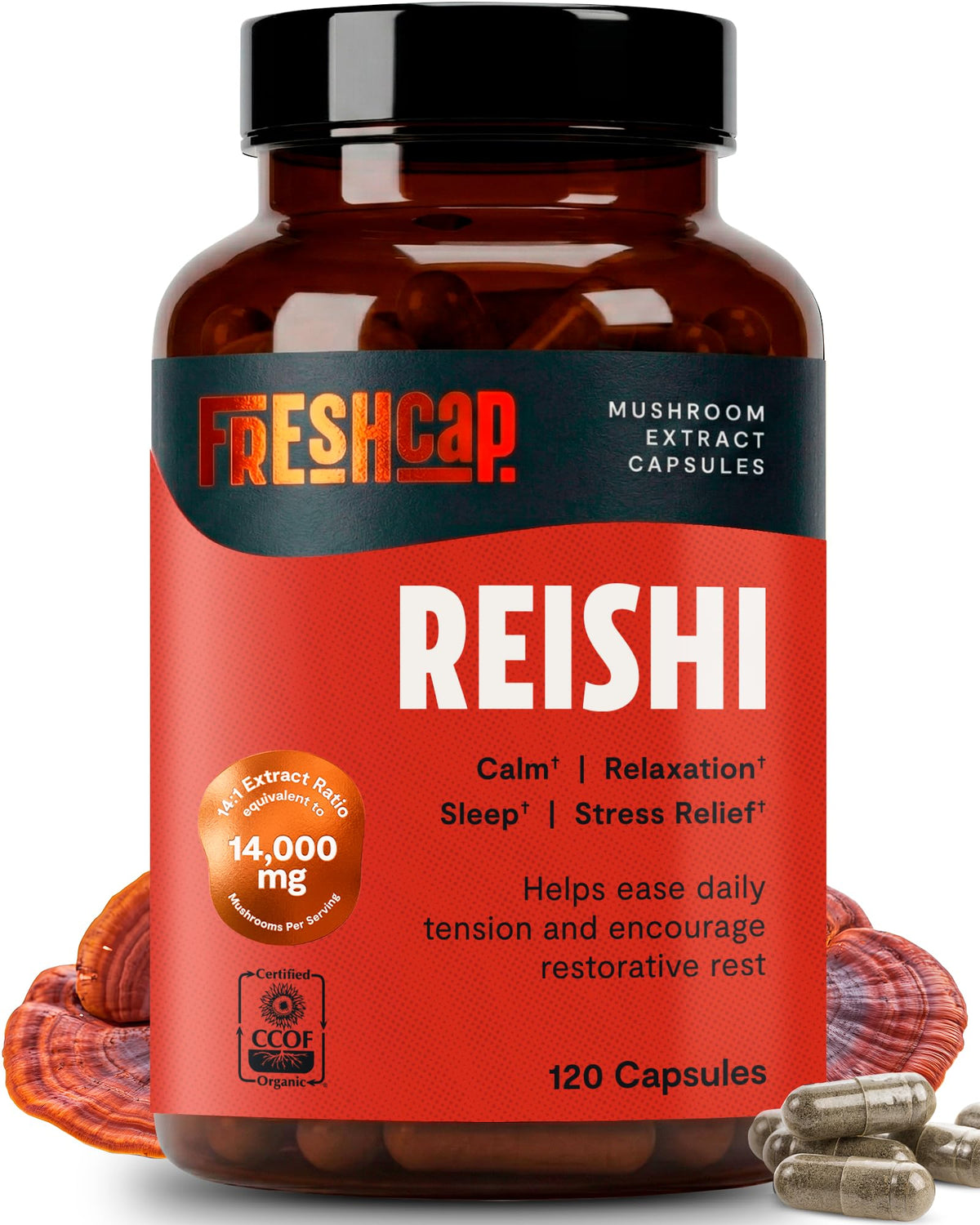 FreshCap Mushrooms frasco delantero mostrando cápsulas y diseño claro para confianza