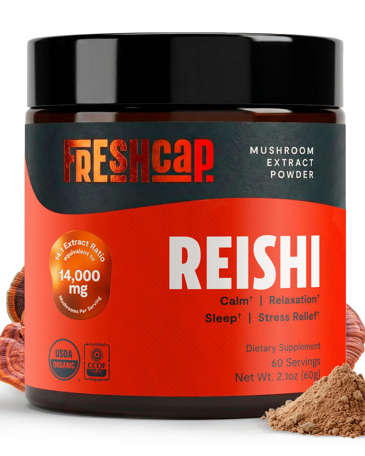 FreshCap Mushrooms frasco frontal mostrando etiqueta y beneficios