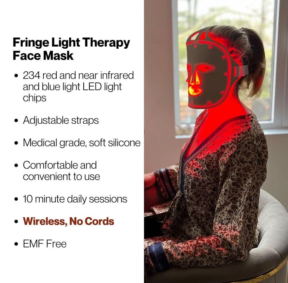 Fringe mascarilla en uso manos libres durante una sesión de 10 minutos