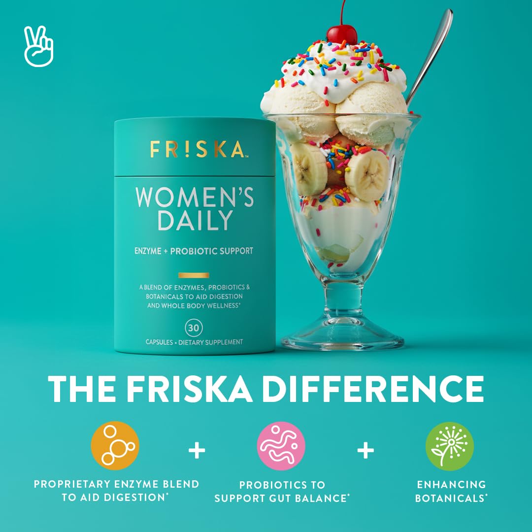 FR!SKA mujer tomando cápsula con comida para digestión más ligera