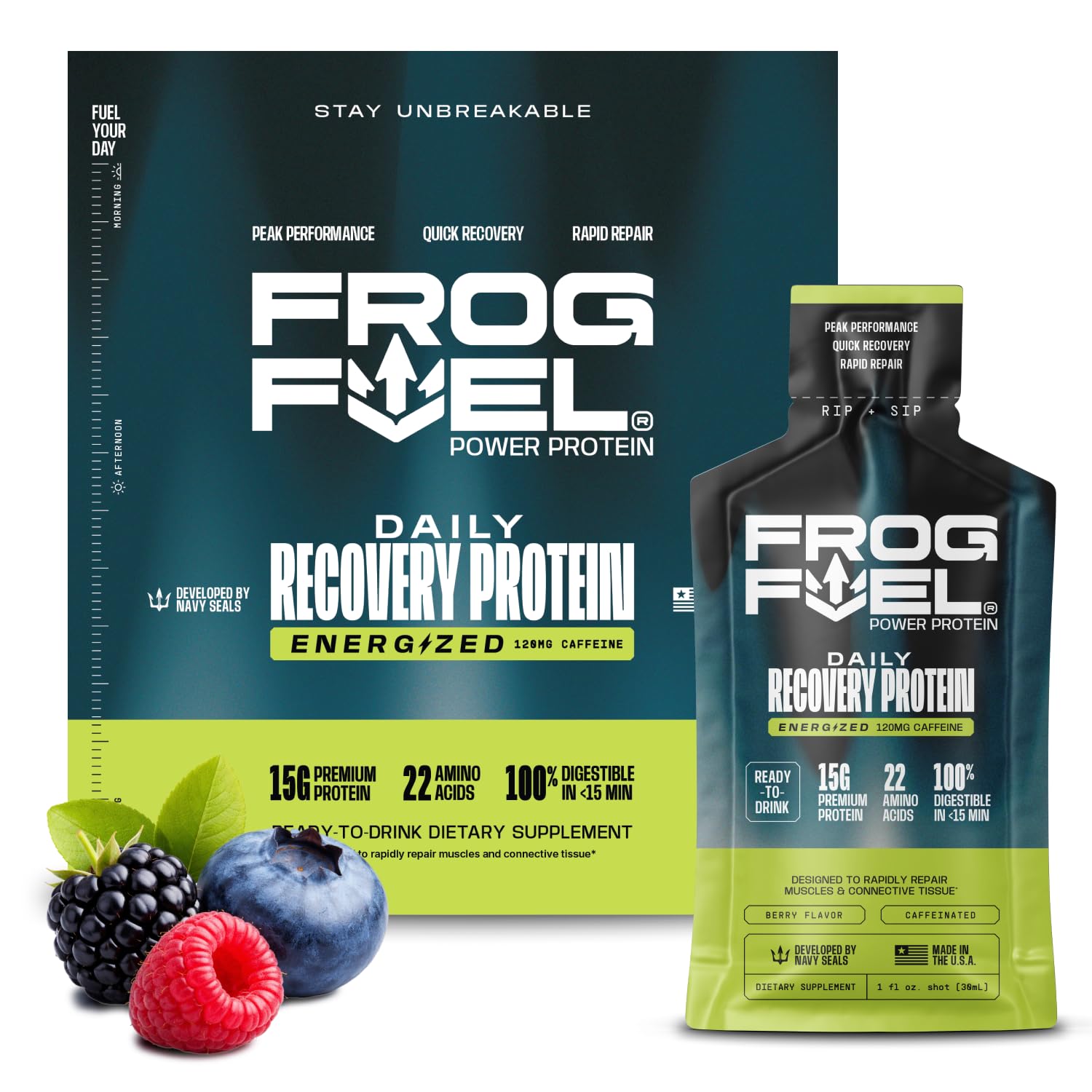 Frog Fuel frontal del empaque mostrando 24 shots y conveniencia