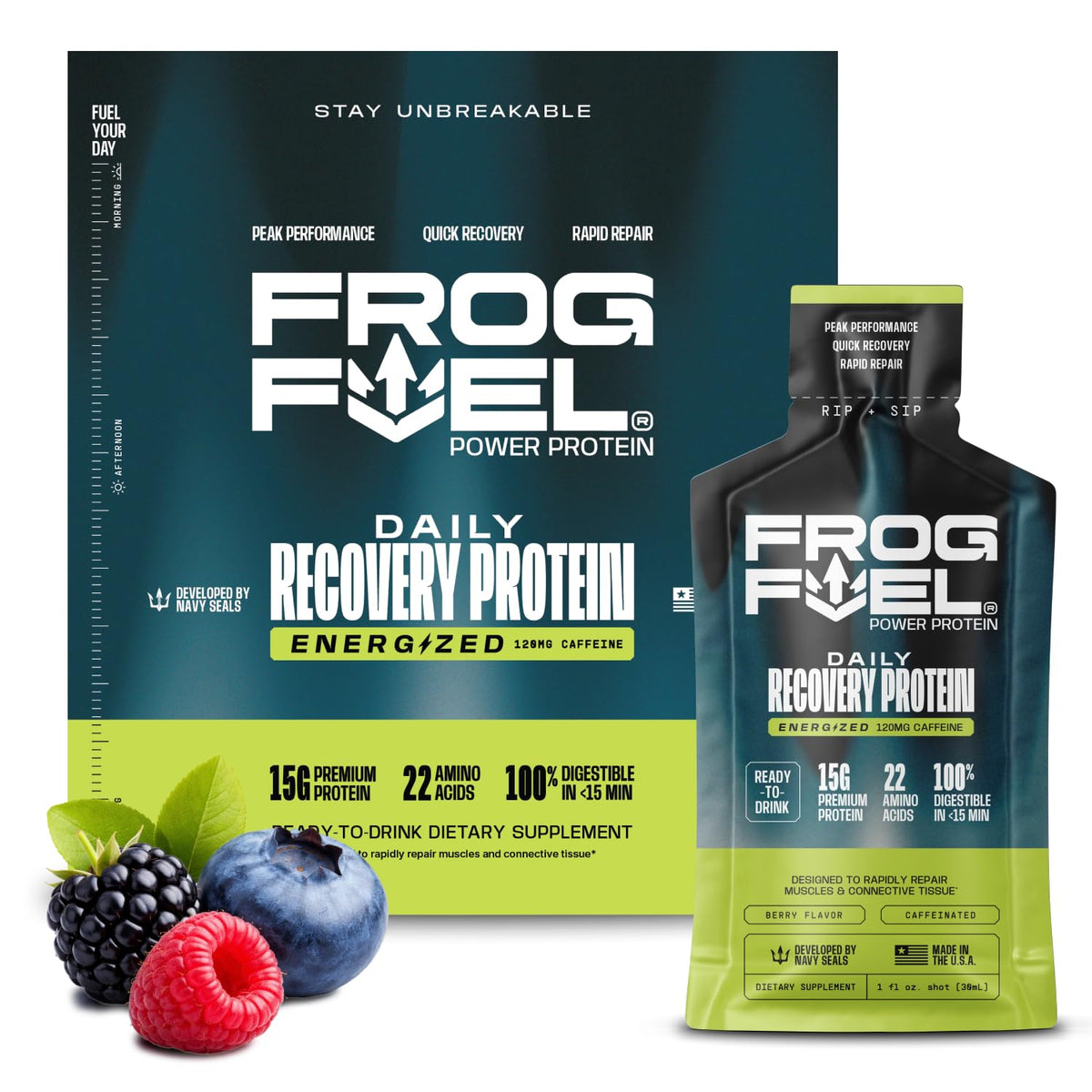 Frog Fuel frontal del empaque mostrando 24 shots y conveniencia