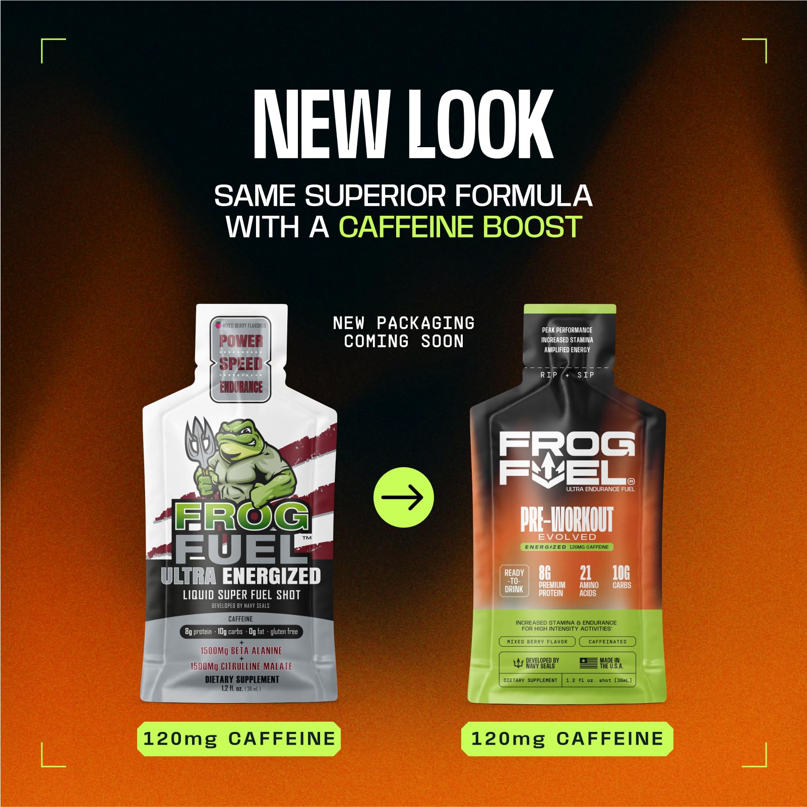 Frog Fuel caja de 24 sobres apilada, beneficio de suministro para múltiples sesiones