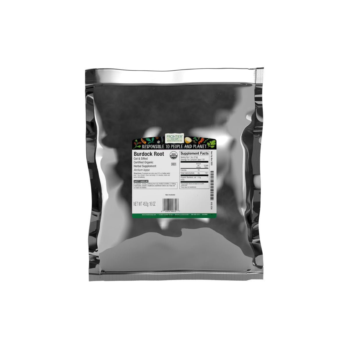 Frontier Co-op bolsa frontal de bardana orgánica mostrando etiqueta y cantidad