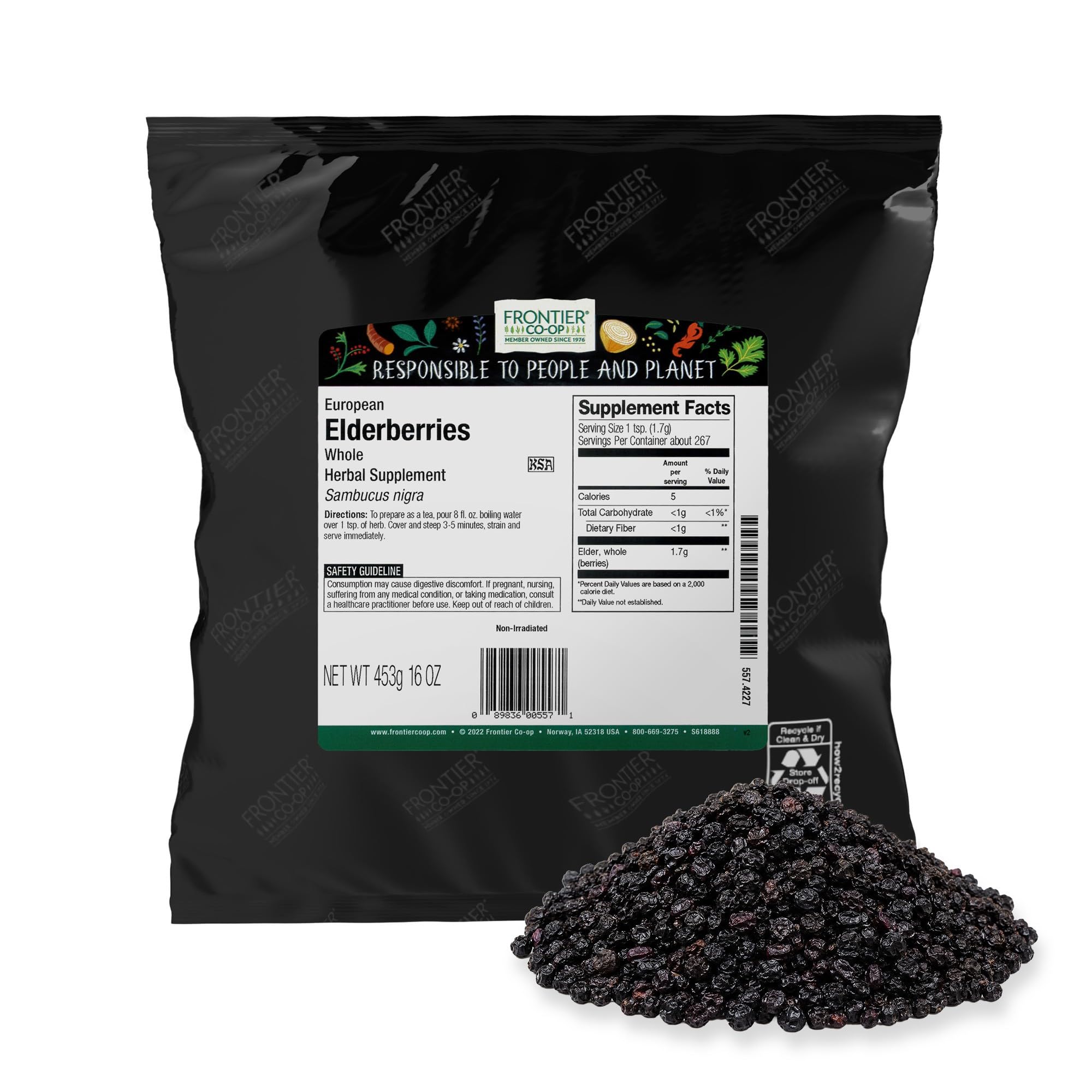 Frontier Co-op empaque frontal mostrando elderberries secas y etiquetado claro