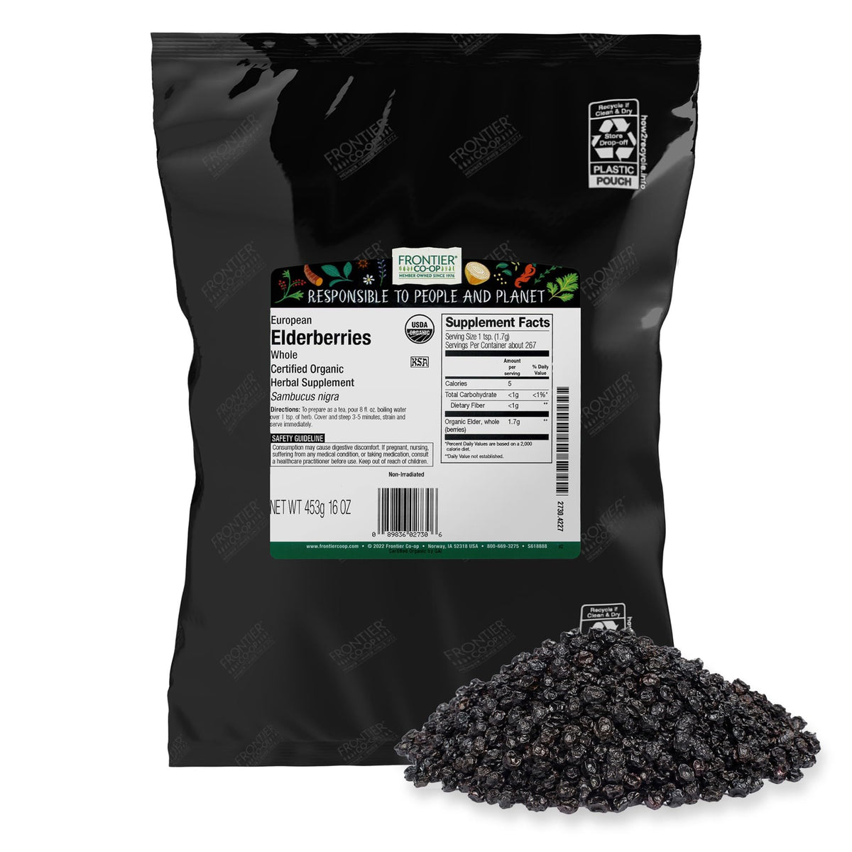 Frontier Co-op paquete frontal de elderberries mostrando tamaño y etiqueta orgánica