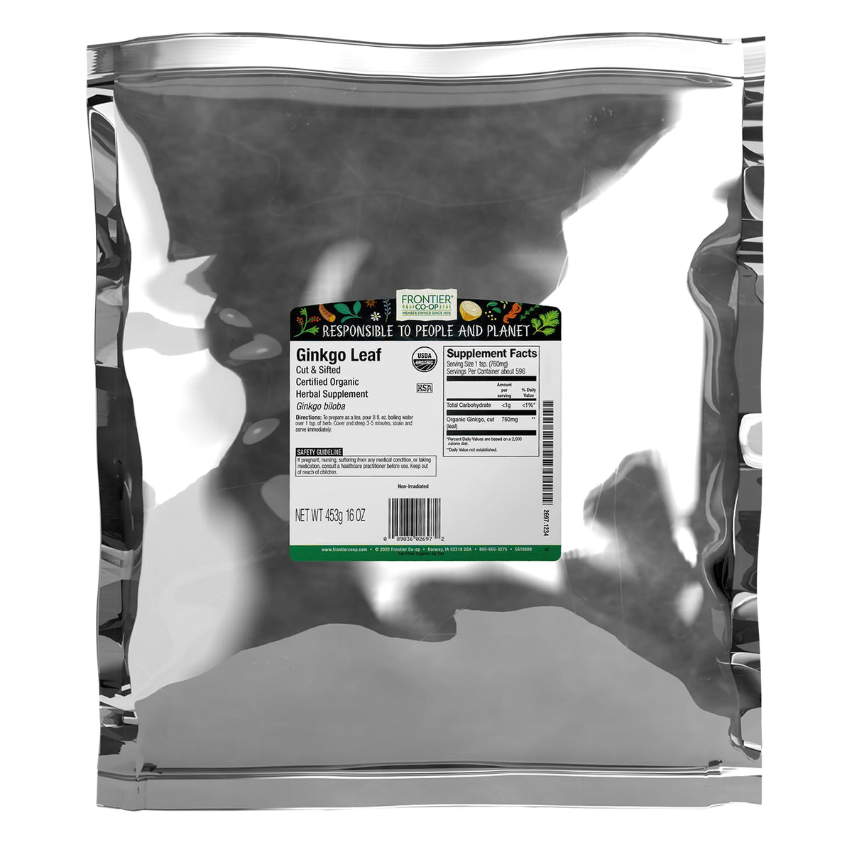 Frontier Co-op ginkgo hoja paquete frente mostrando la etiqueta y certificaciones