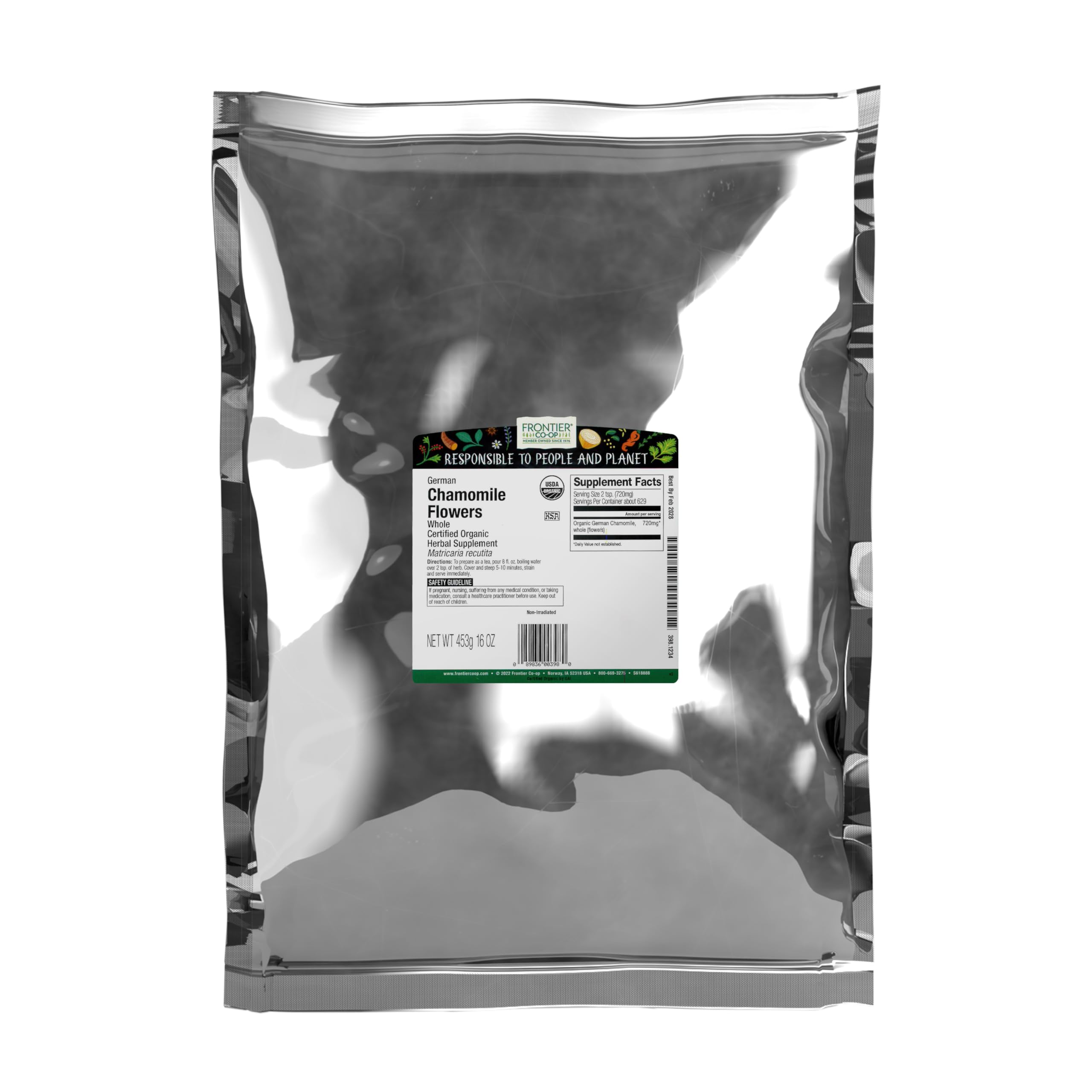 Frontier Co-op empaque frontal de manzanilla orgánica, conservación práctica