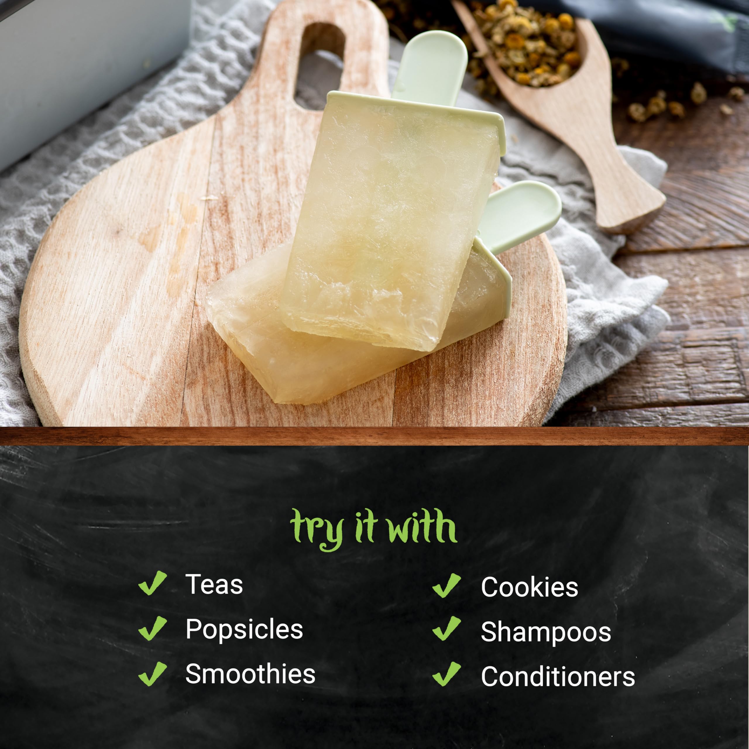 Ingredientes y utensilios con manzanilla Frontier Co-op para recetas caseras
