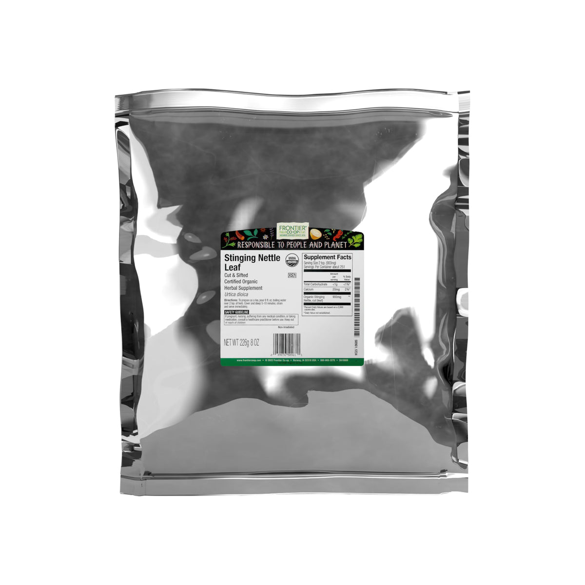 Frontier Co‑op paquete frontal mostrando hoja de ortiga, ideal para infusiones
