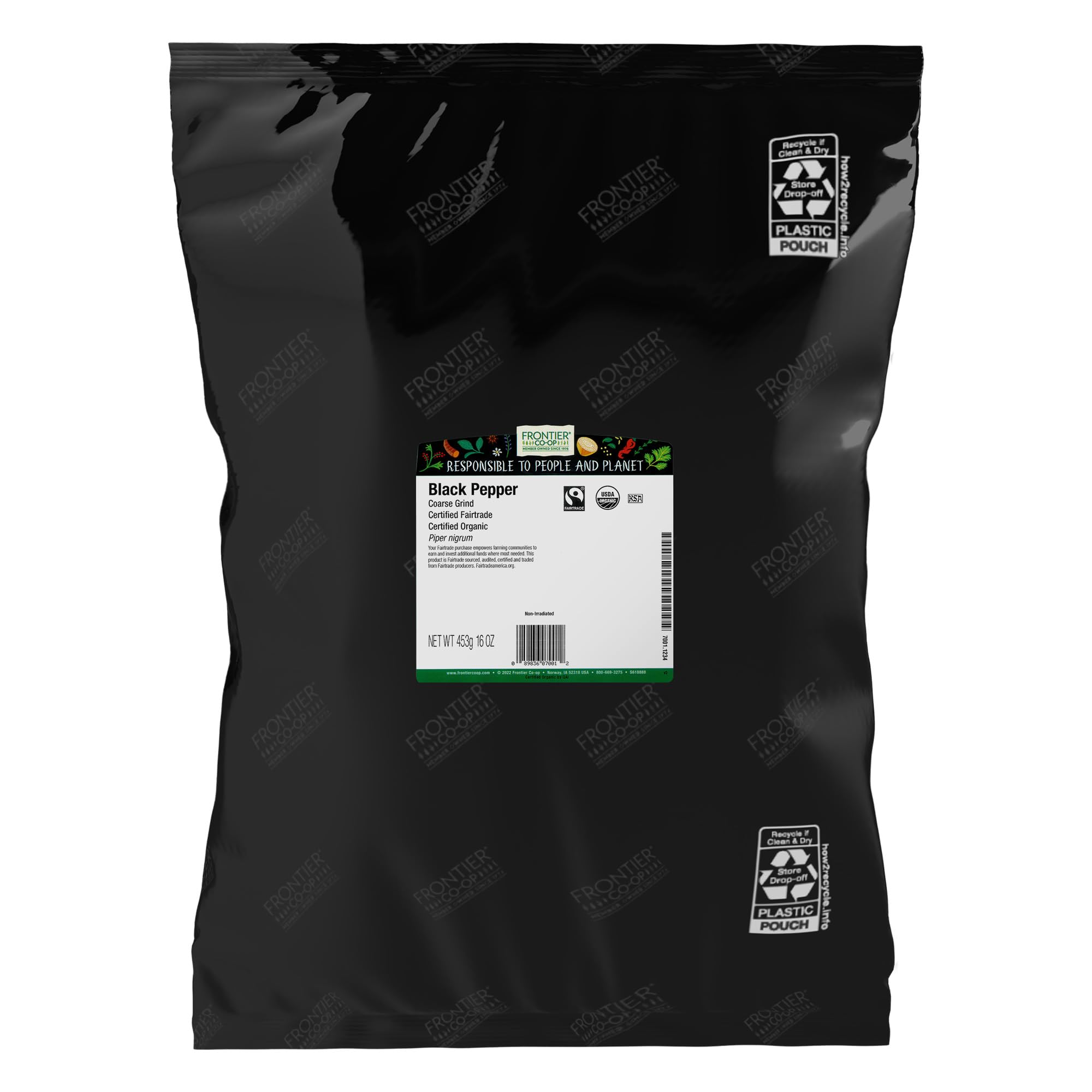 Frontier Co-op paquete frontal mostrando la pimienta y beneficios orgánicos