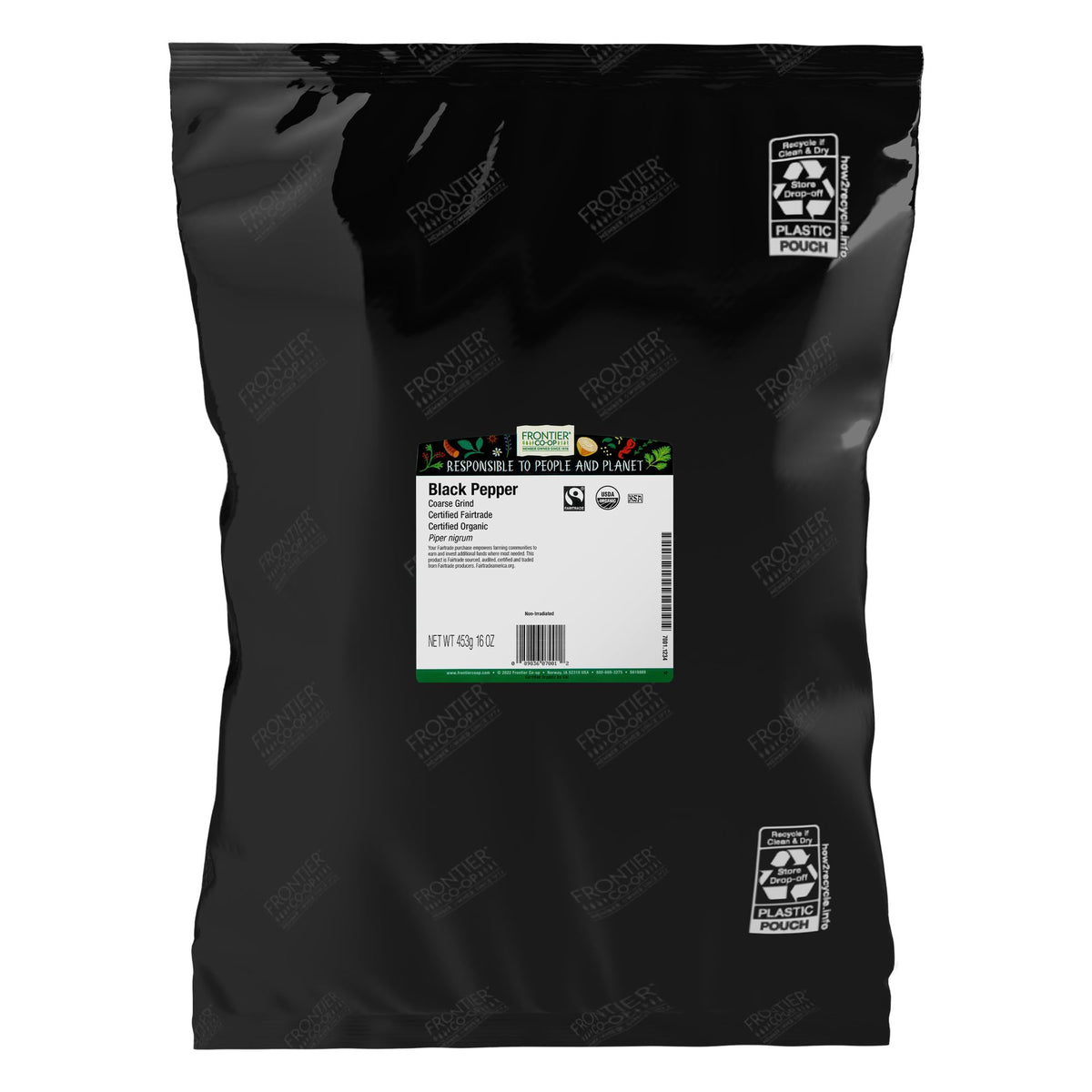 Frontier Co-op paquete frontal mostrando la pimienta y beneficios orgánicos