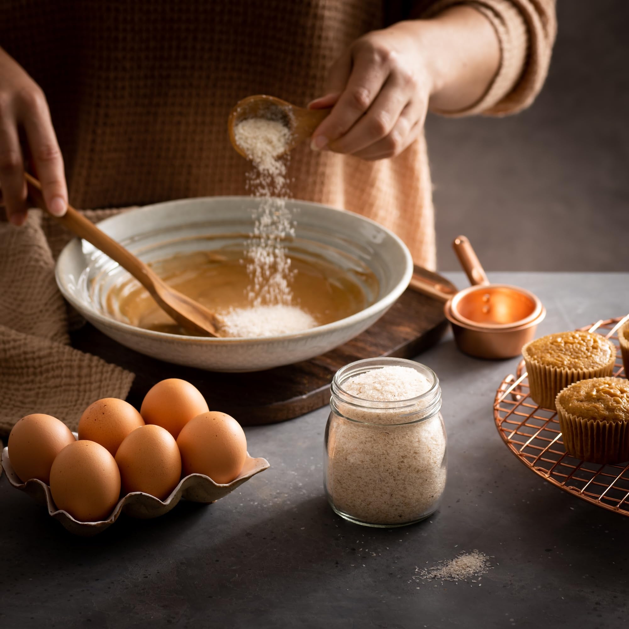 Cucharada con psyllium Frontier Co-op lista para mezclar y facilitar espesar recetas