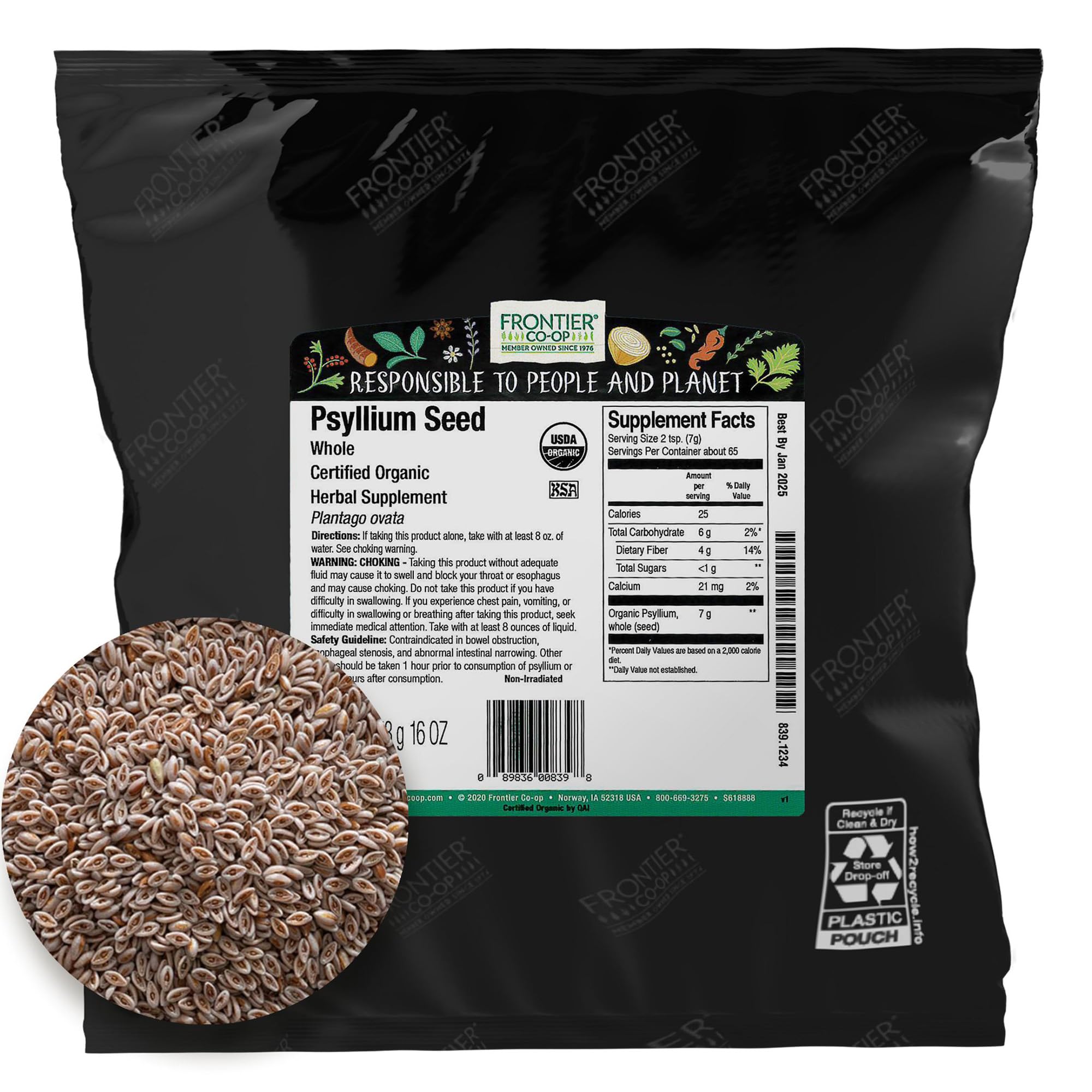 Frontier Co-op bolsa frontal de psyllium integral orgánico mostrando etiqueta y peso