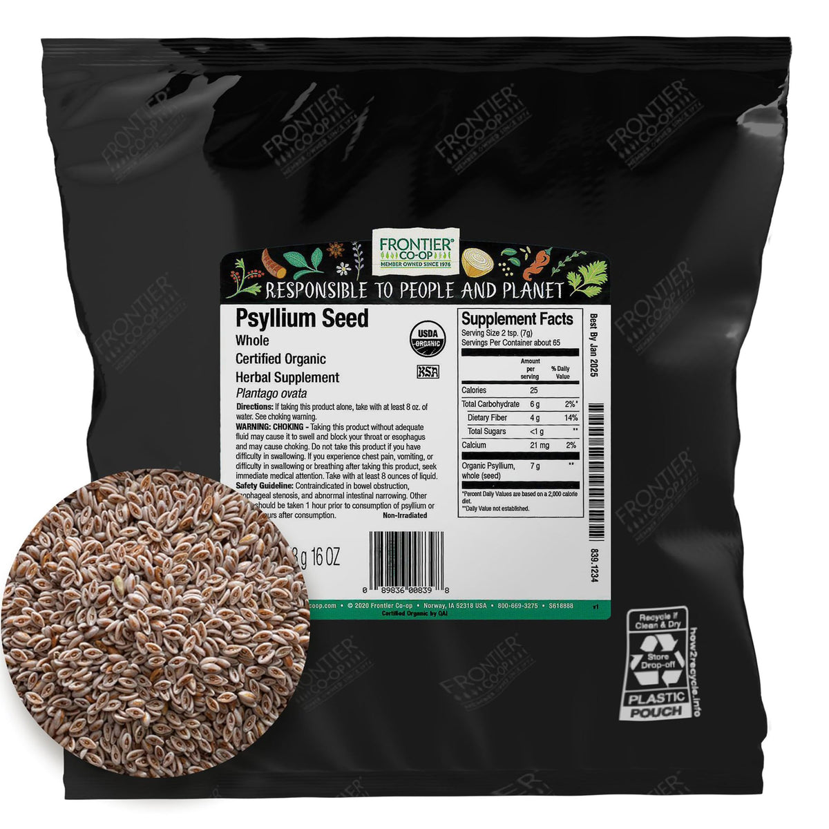 Frontier Co-op bolsa frontal de psyllium integral orgánico mostrando etiqueta y peso