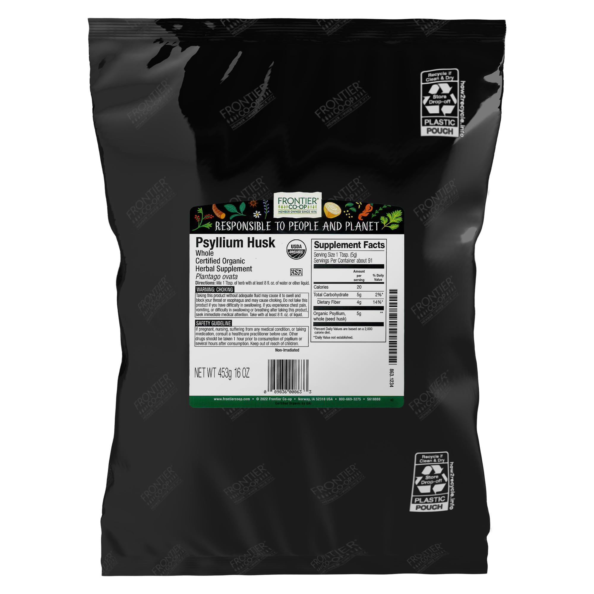 Frontier Co-op envase frontal mostrando psyllium orgánico y tamaño de paquete