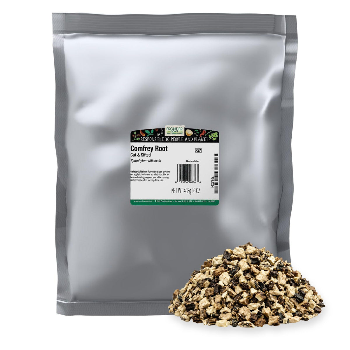 Frontier Co-op bolsa de raíz de consuelda 1 lb mostrando etiqueta y cierre resellable para almacenamiento seguro