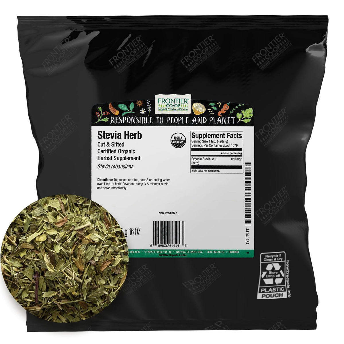 Frontier Co-op paquete frontal de stevia orgánica muestra tamaño y etiqueta clara
