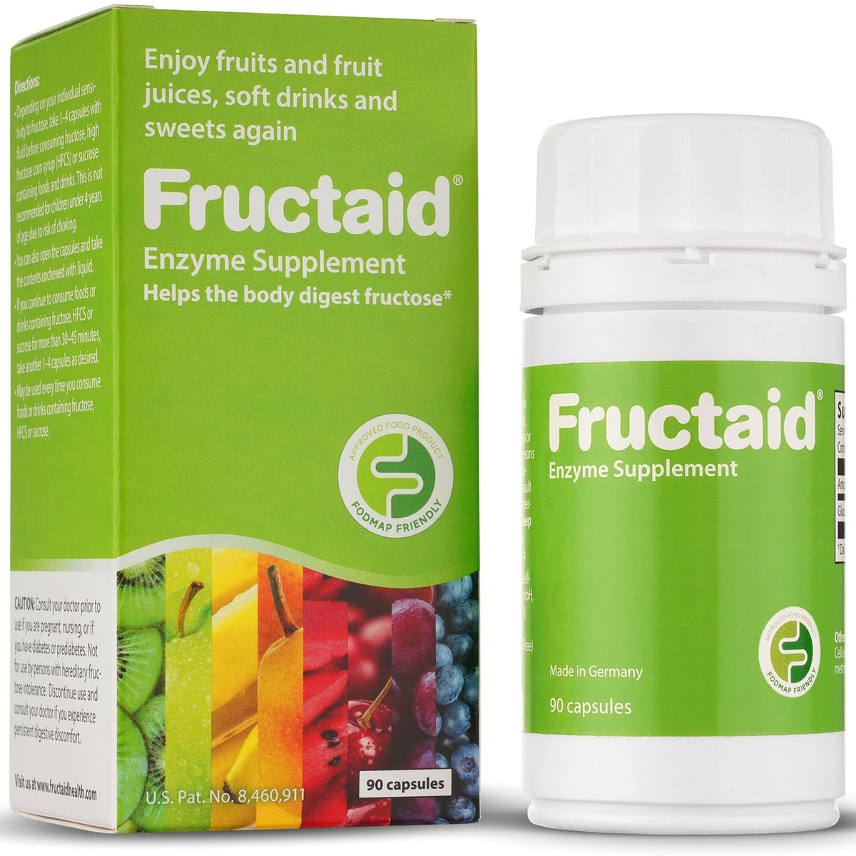 Fructaid envase frontal mostrando las 90 cápsulas y uso práctico