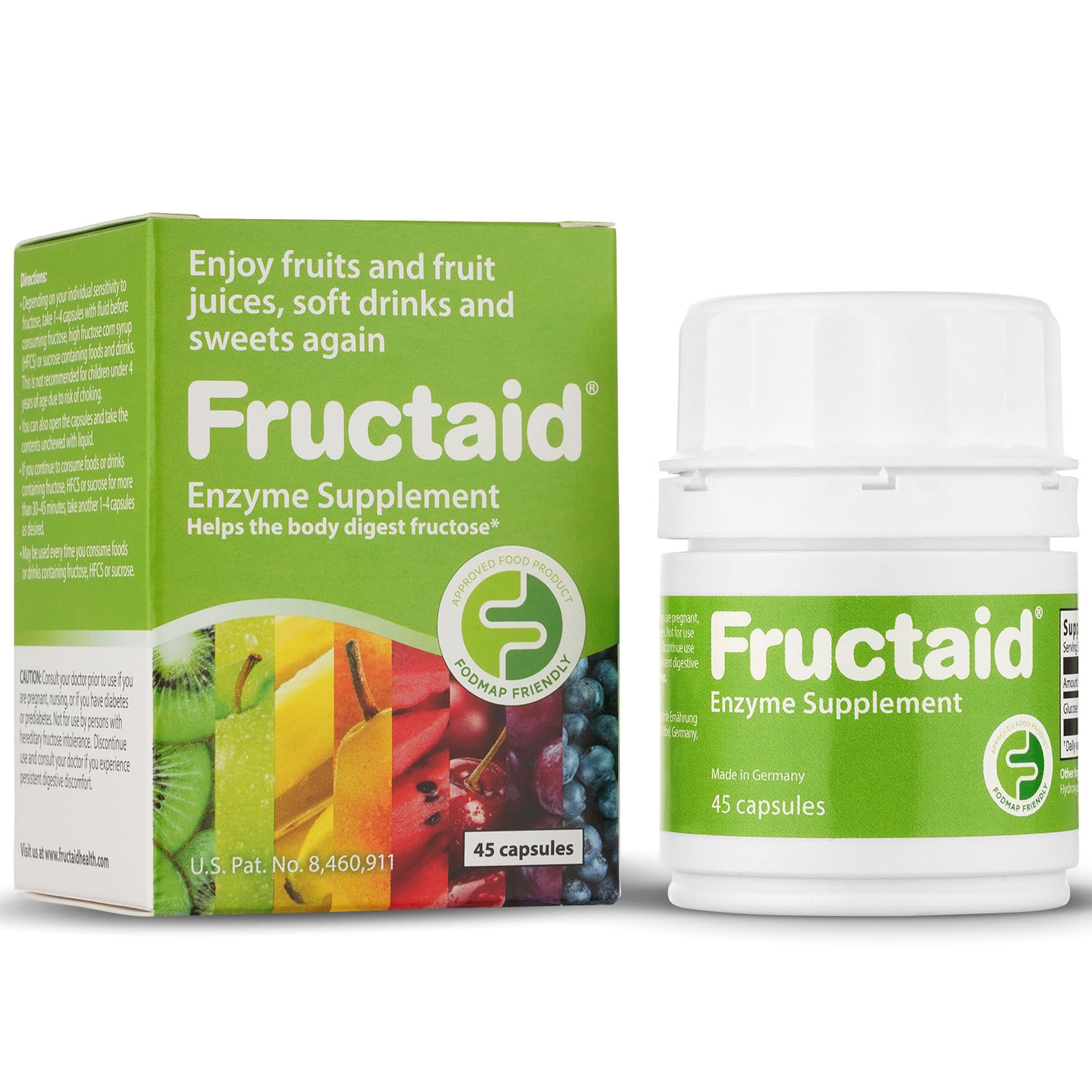 Fructaid frasco frontal mostrando 45 cápsulas y beneficios para digestión