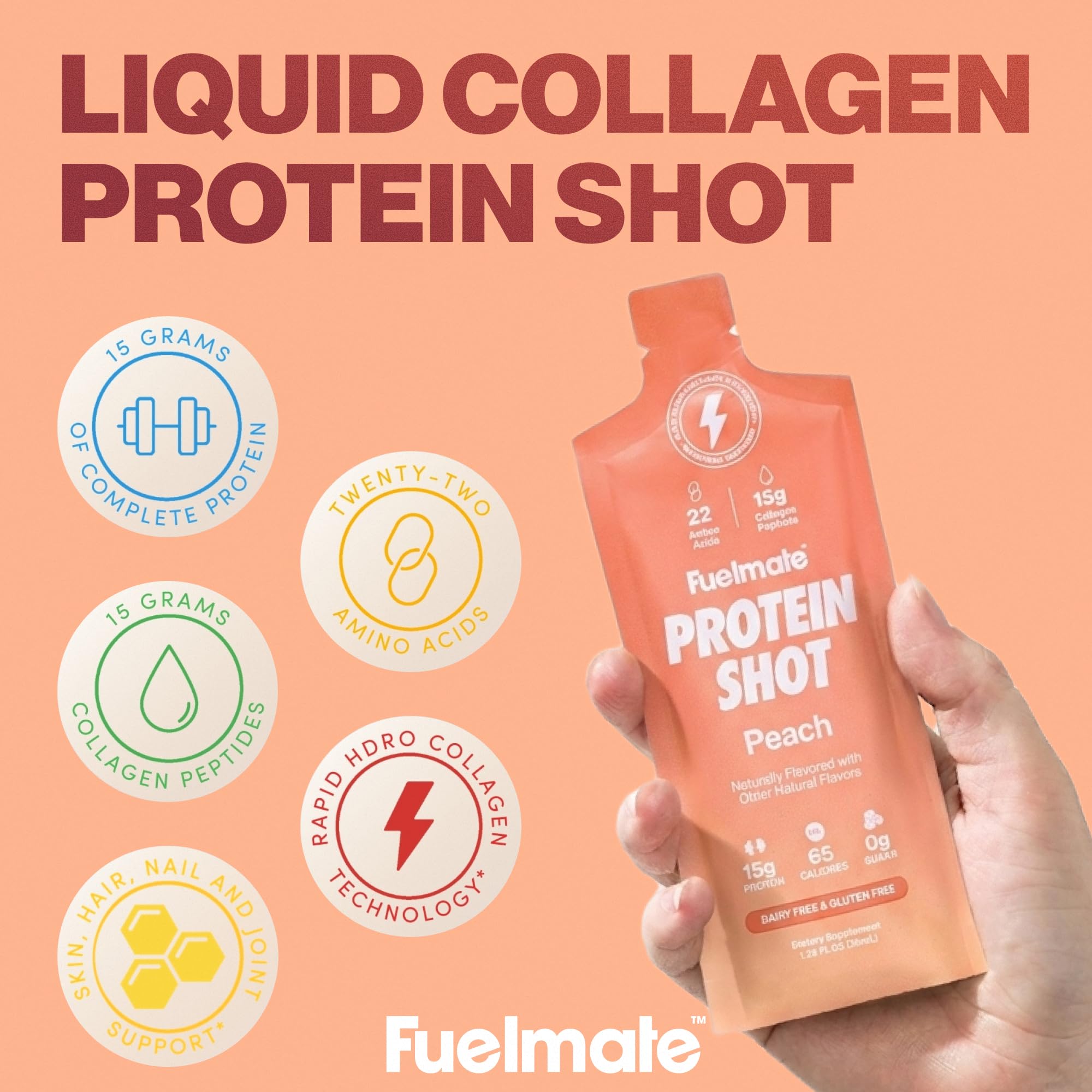 FUELMATE detalle del líquido espeso que destaca proteína y fácil ingestión