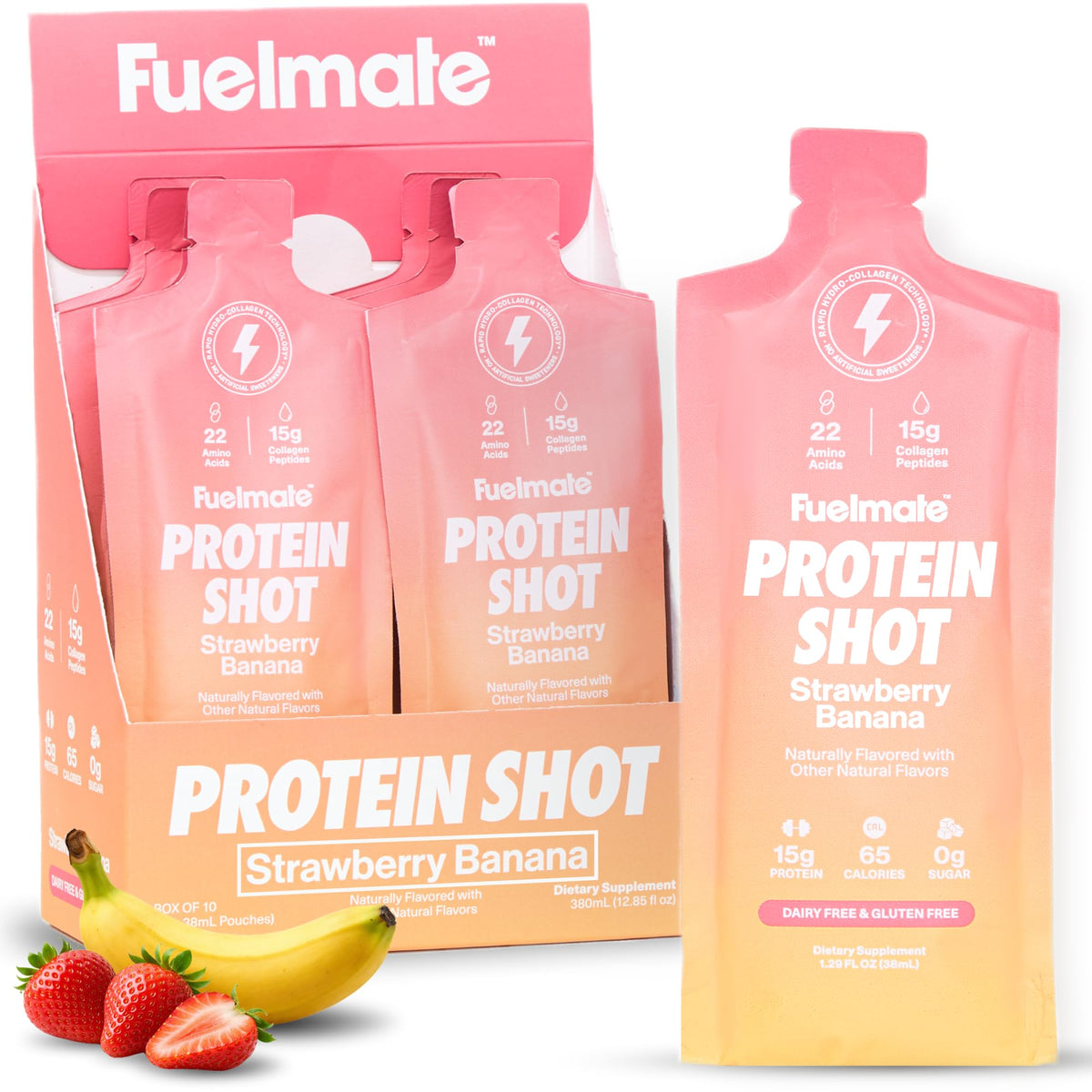 FUELMATE frontal del paquete mostrando sabor fresa plátano y beneficio portable