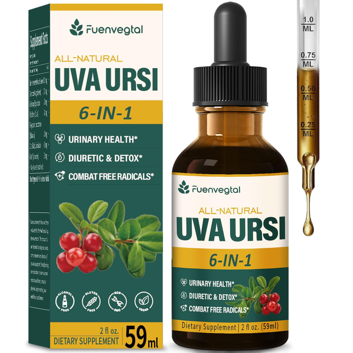 Fuenvegtal frasco frontal de tintura Uva Ursi muestra diseño y tamaño