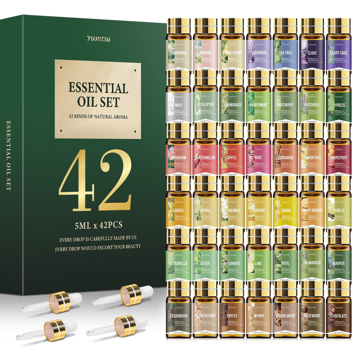 FUHITIM estuche frontal mostrando 42 botellas para probar múltiples aromas