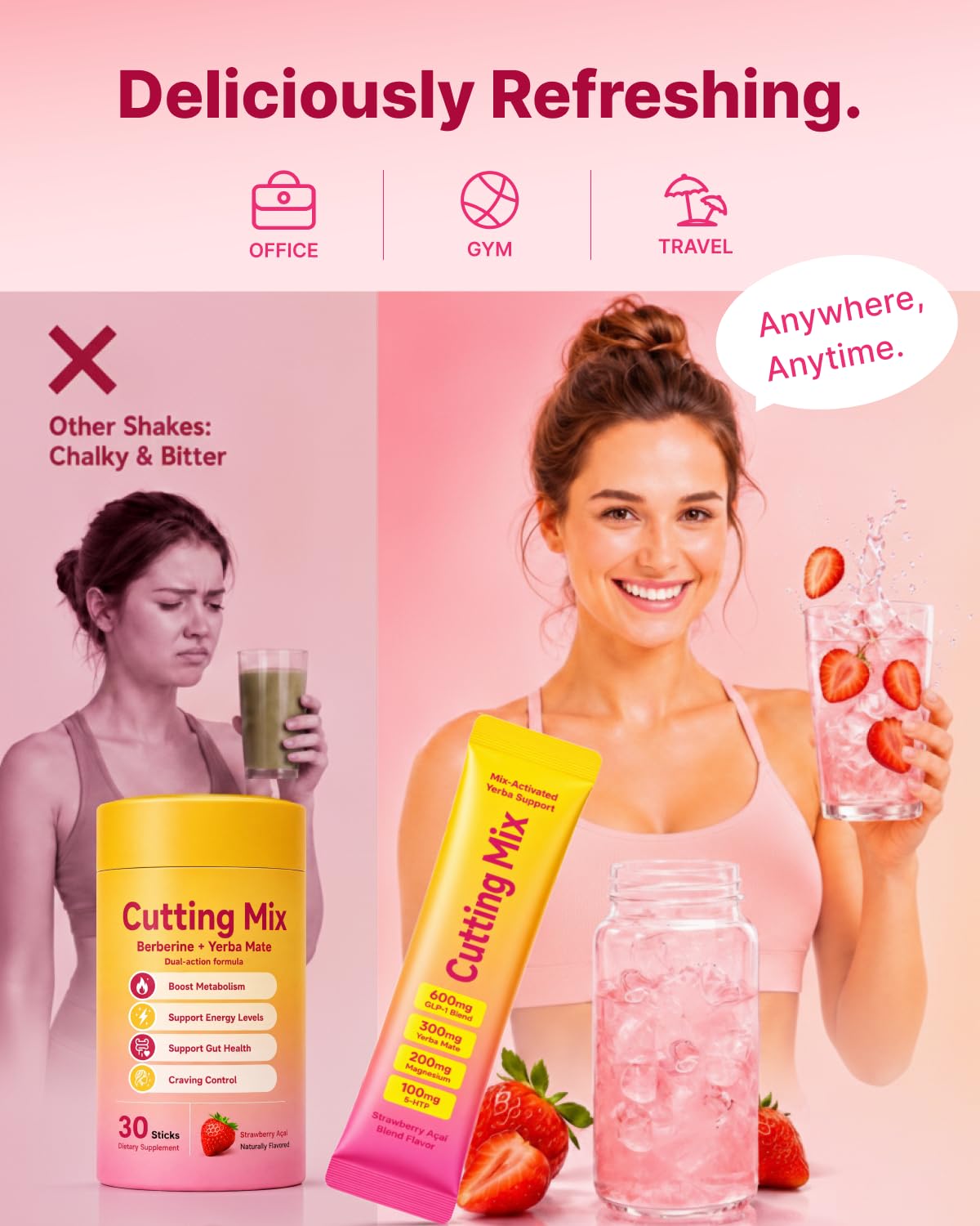 Fuken Cutting Drink Mix comparación de tamaño junto a una mano para escala portátil