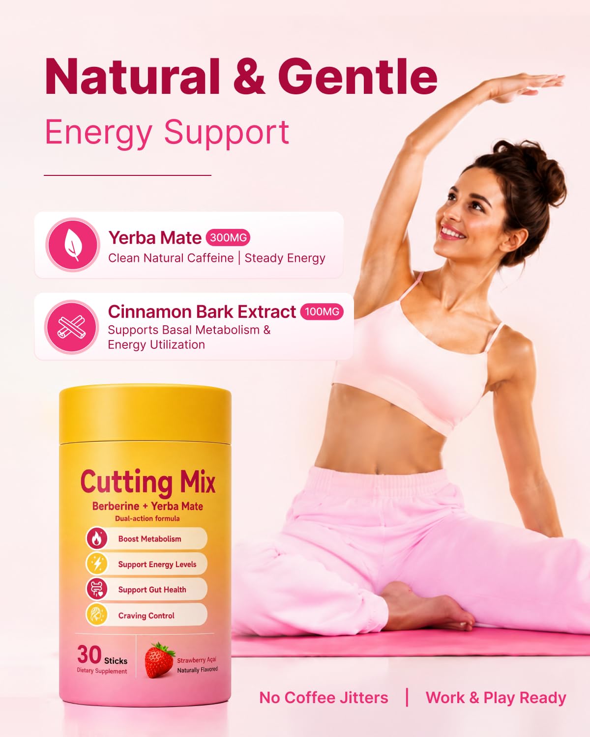 Fuken Cutting Drink Mix ingredientes clave mostrados: berberina, canela y yerba mate