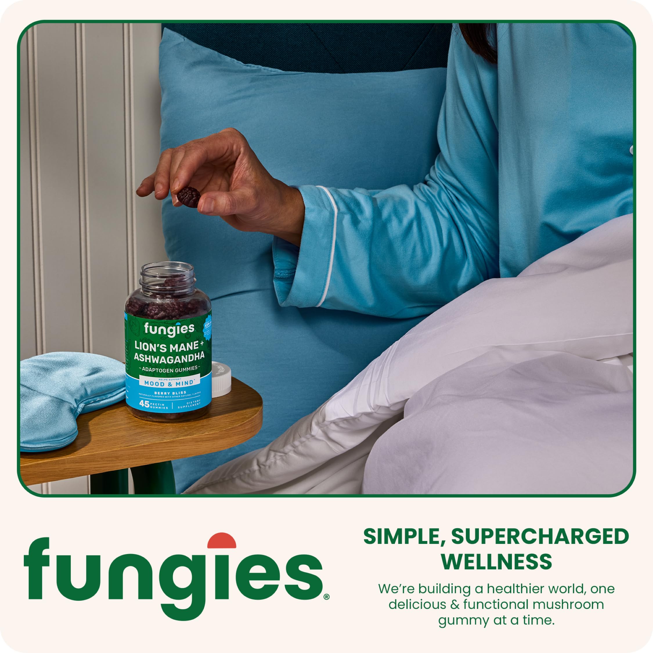 Frasco abierto de Fungies con gomitas visibles para toma diaria