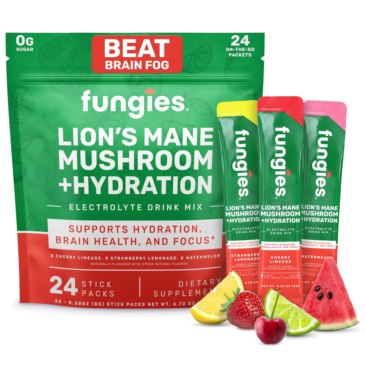 Fungies front packaging mostrando 24 sobres y tres sabores, práctico para llevar