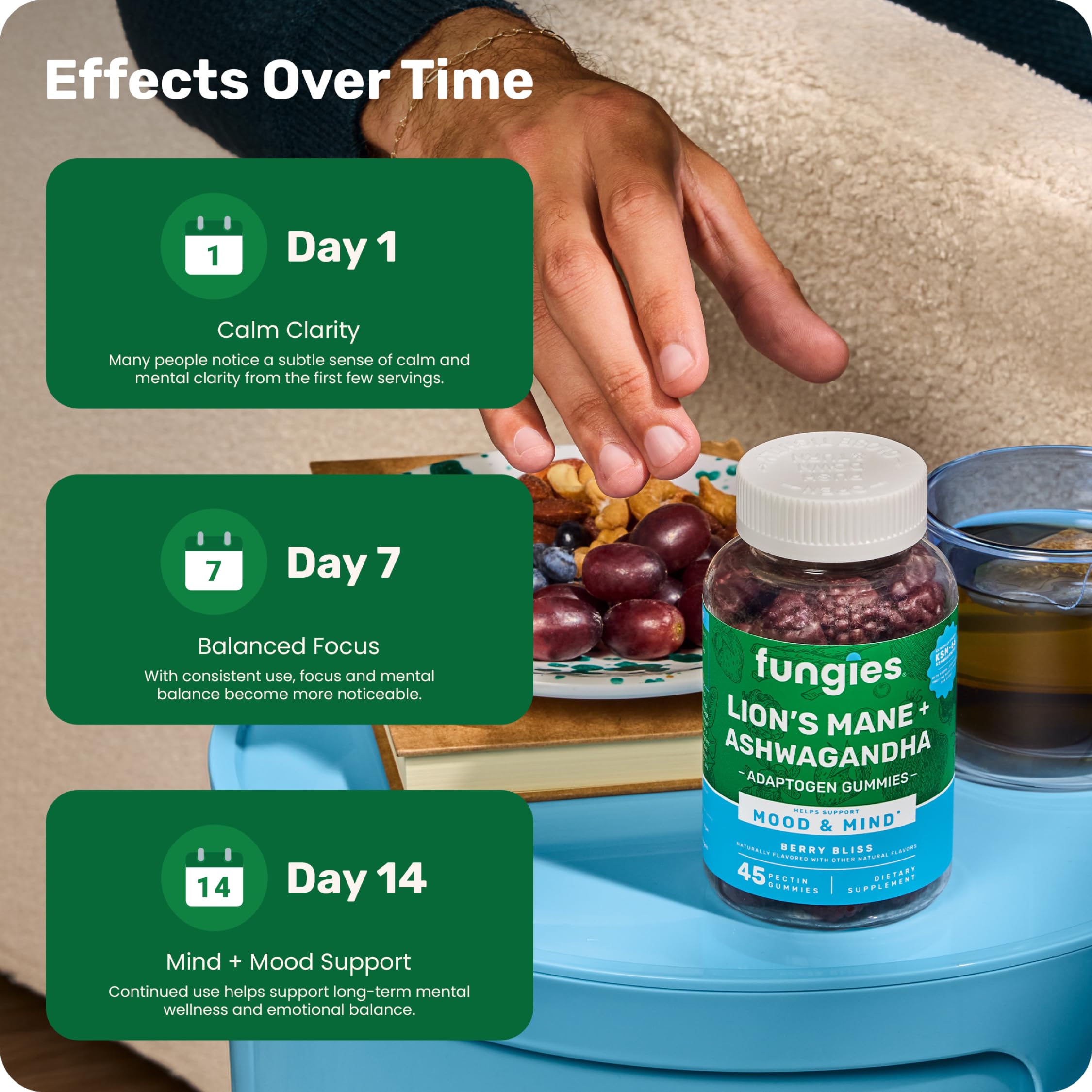 Etiqueta de ingredientes Fungies con KSM-66 y Lion's Mane claros