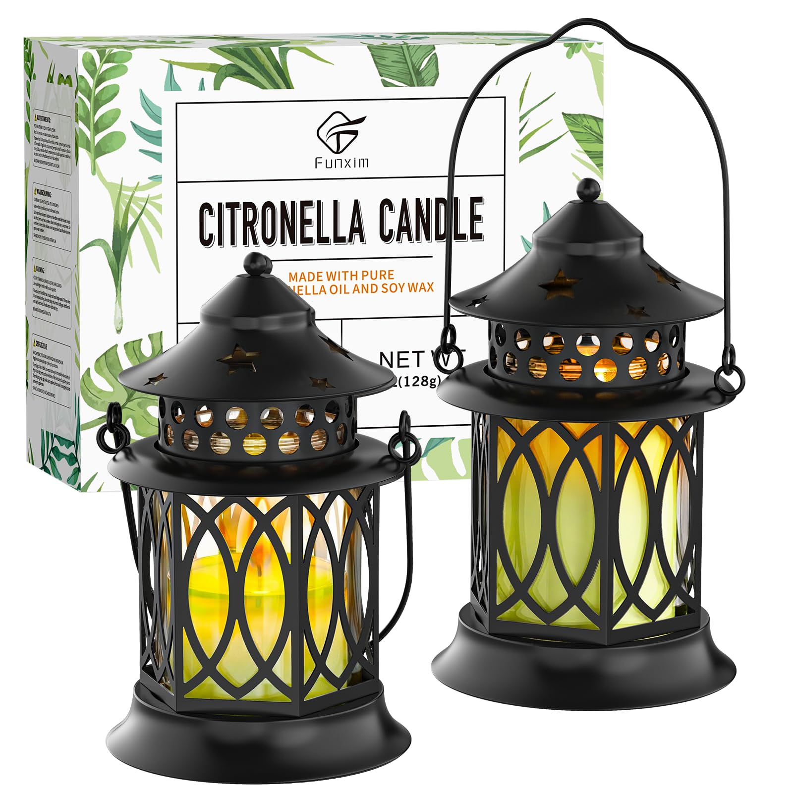 FUNXIM pack frontal mostrando las dos velas y portavelas, ideal para exteriores