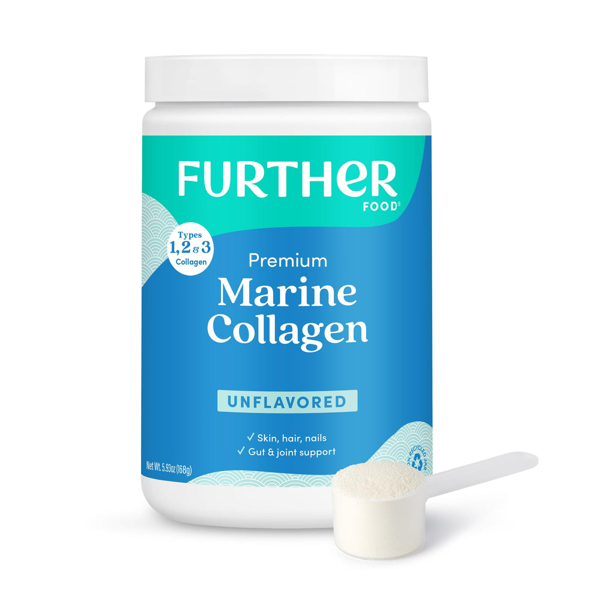 Further Food envase frontal del colágeno marino sin sabor mostrando marca y tamaño