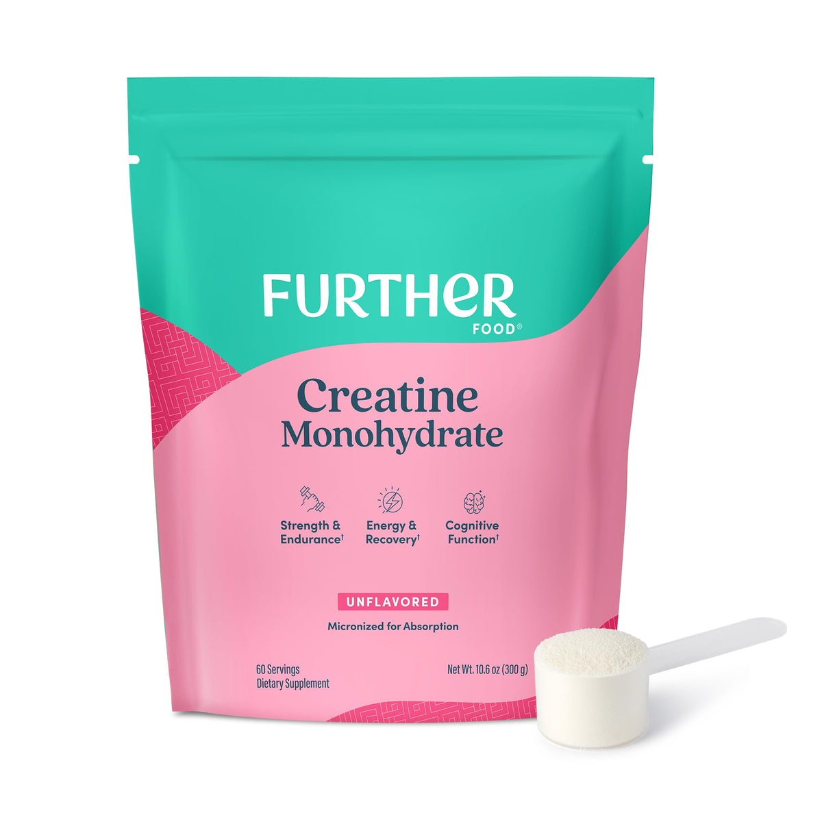 Further Food envase frontal mostrando creatina pura y beneficios