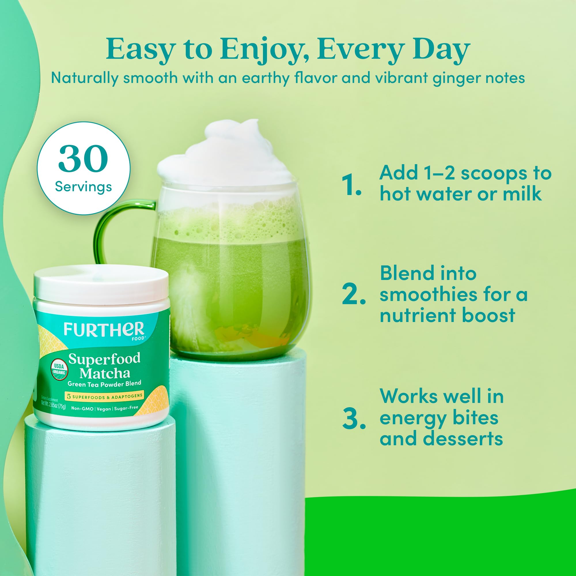 Further Food ingredientes: matcha, ashwagandha, jengibre y wheatgrass