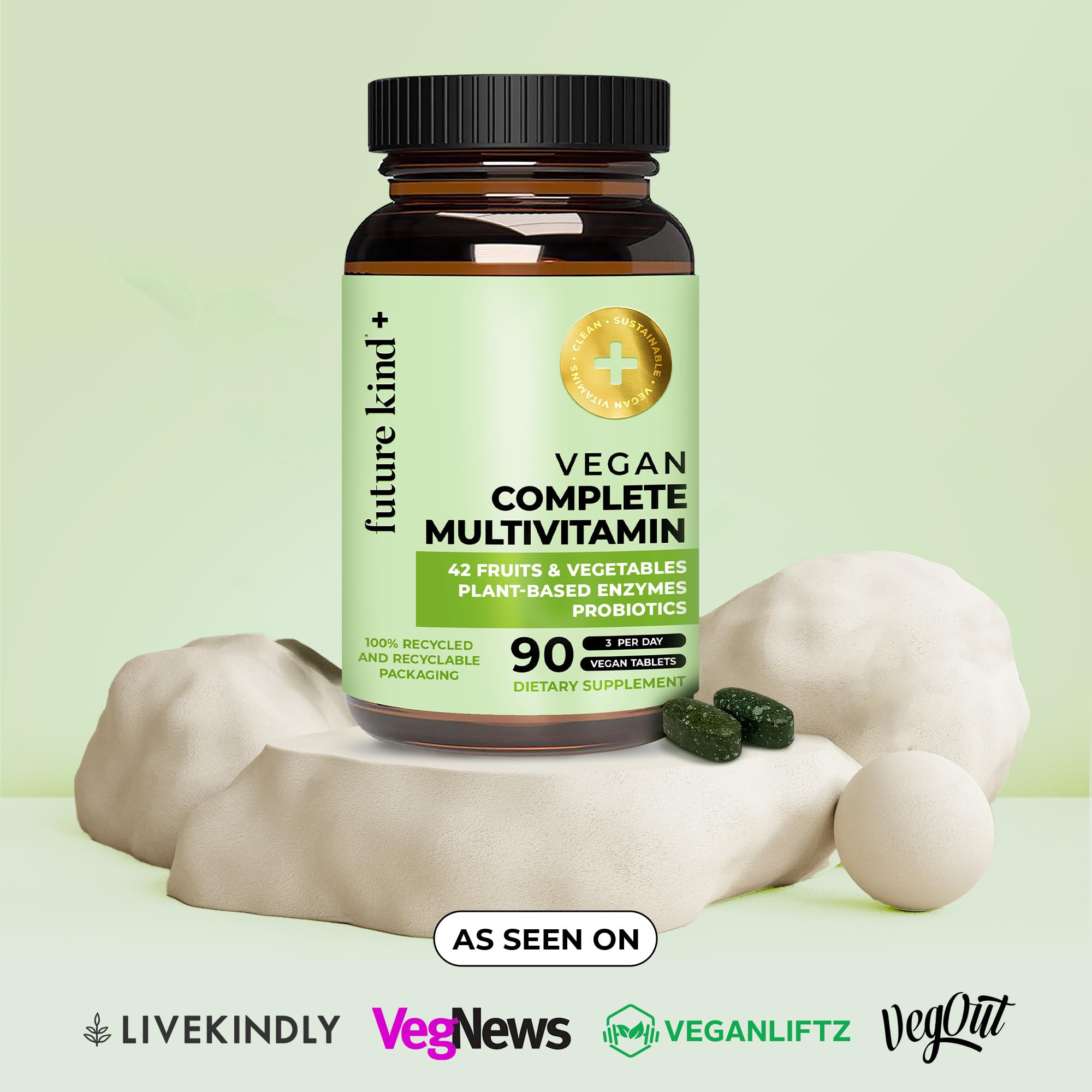 Future Kind etiqueta nutricional ampliada mostrando vitaminas y minerales clave