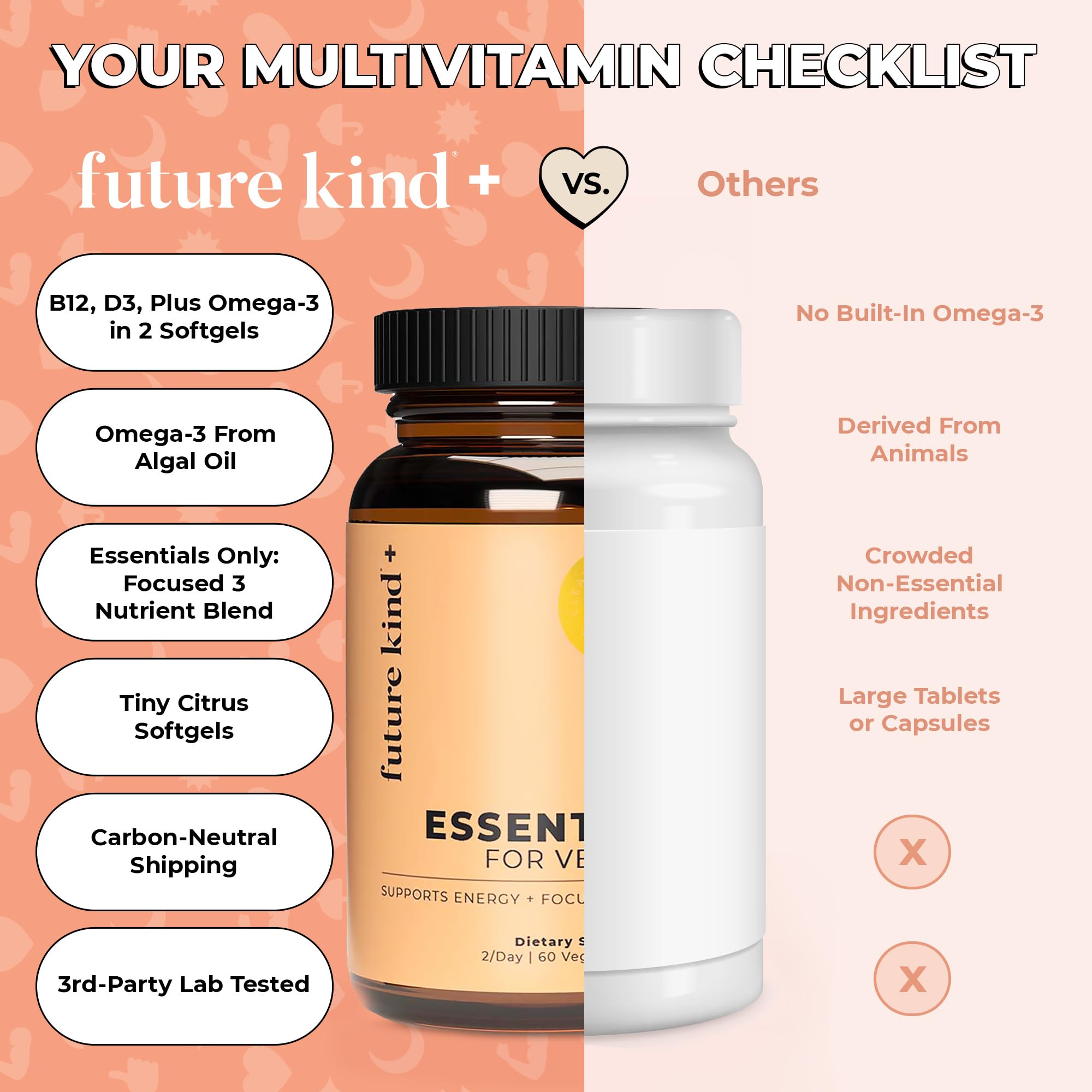Future Kind etiqueta nutricional mostrando B12, D3 y omega‑3 vegano