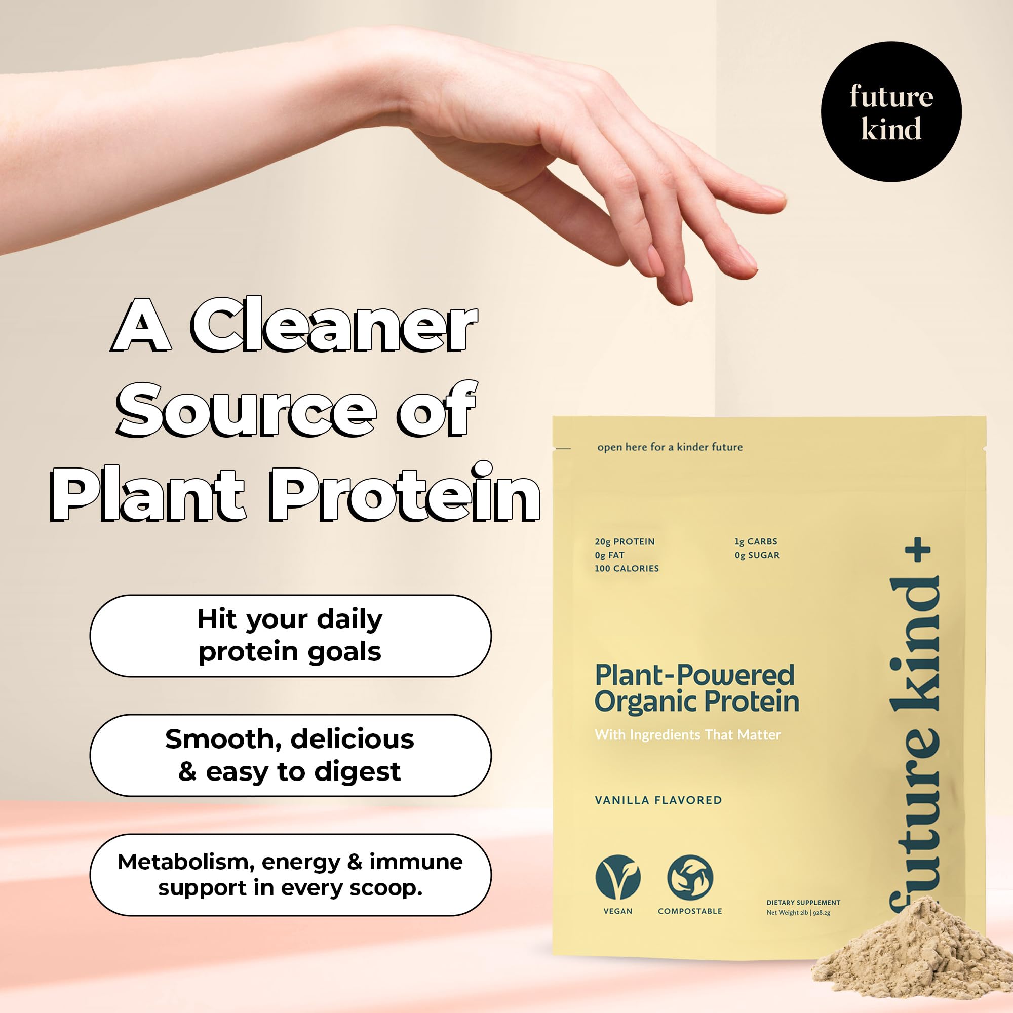 Future Kind textura del polvo de proteína en primer plano, hidratación y mezcla rápida