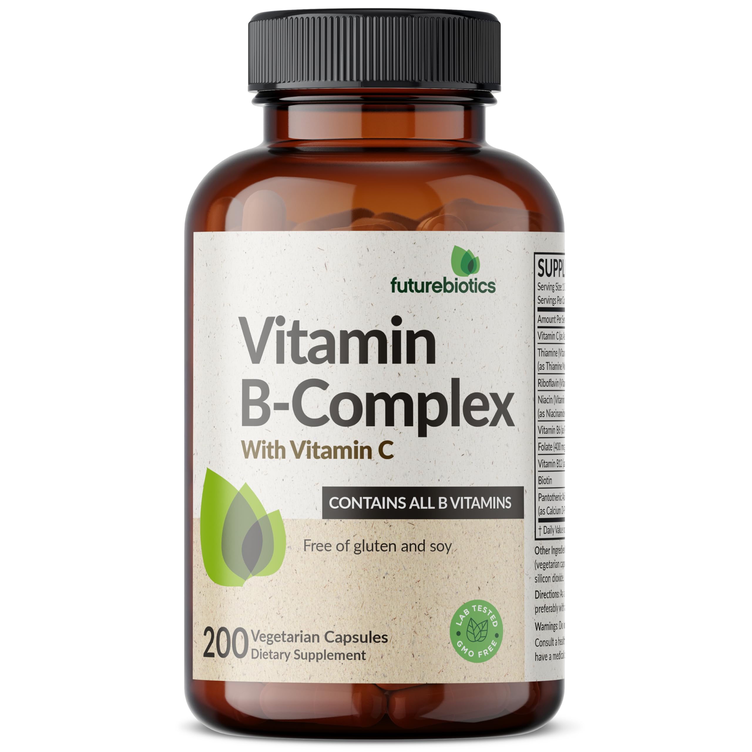Futurebiotics etiqueta con lista de vitaminas B y vitamina C verificadas