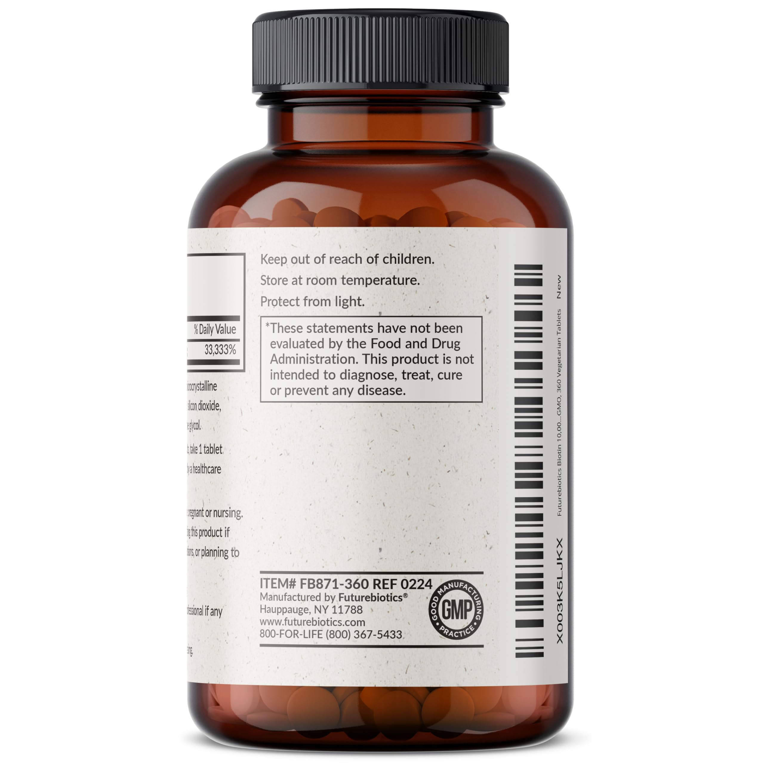 Sellos de calidad en envase Futurebiotics subrayando fabricación cGMP y sin OGM