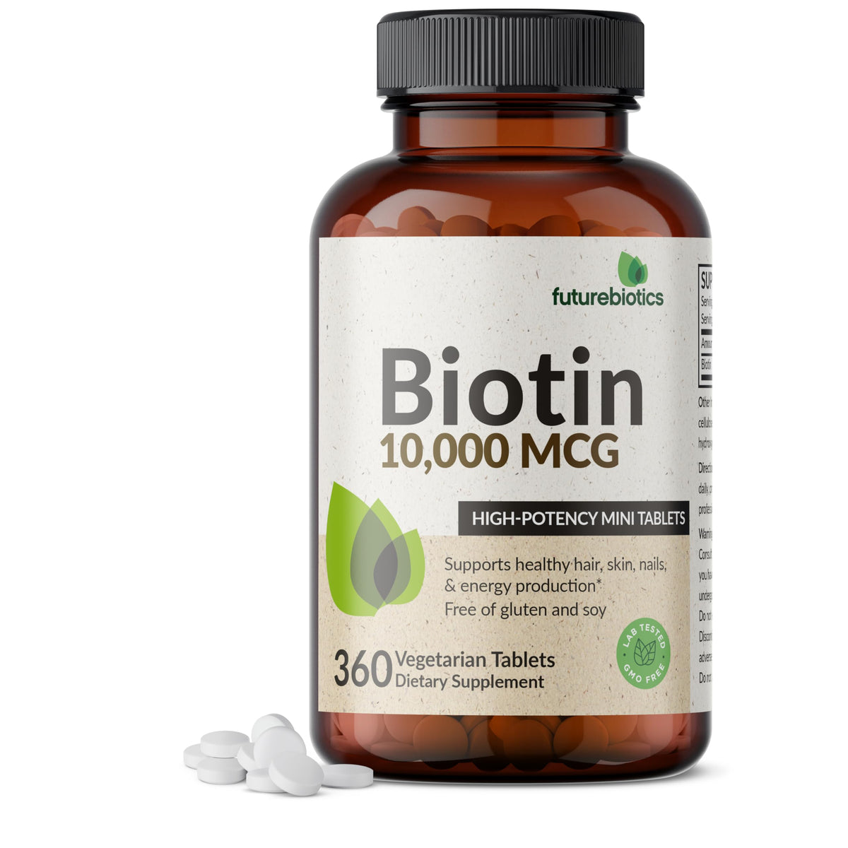Futurebiotics botella frontal mostrando 360 tabletas y beneficio de suministro prolongado